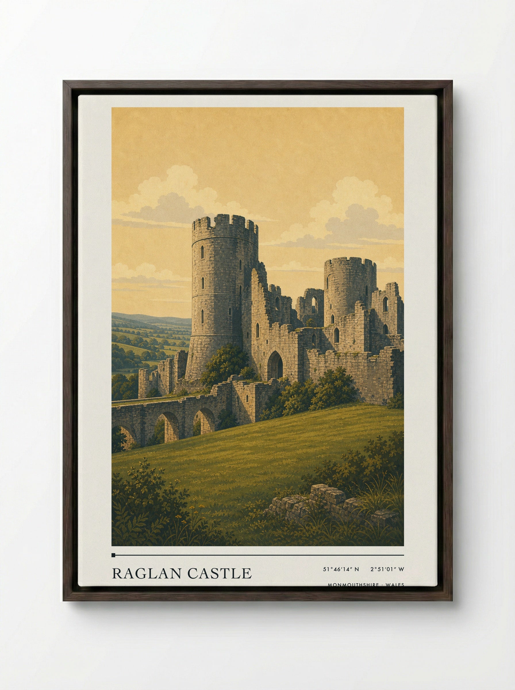 Raglan Castle Monmouthshire Wales Travel Poster - Framed Canvas Dark Wood