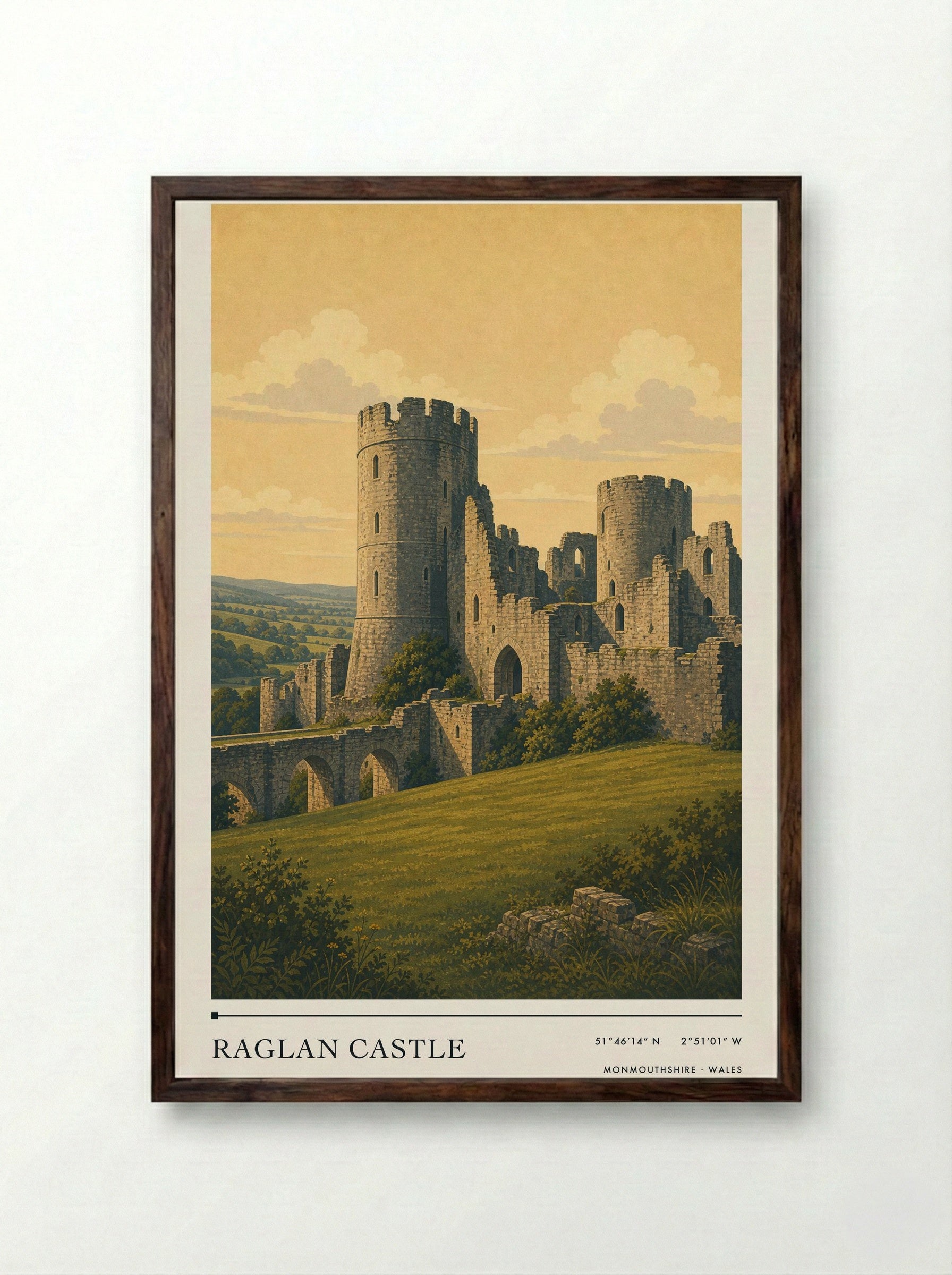 Raglan Castle Monmouthshire Wales Travel Poster - Framed Print Dark Wood