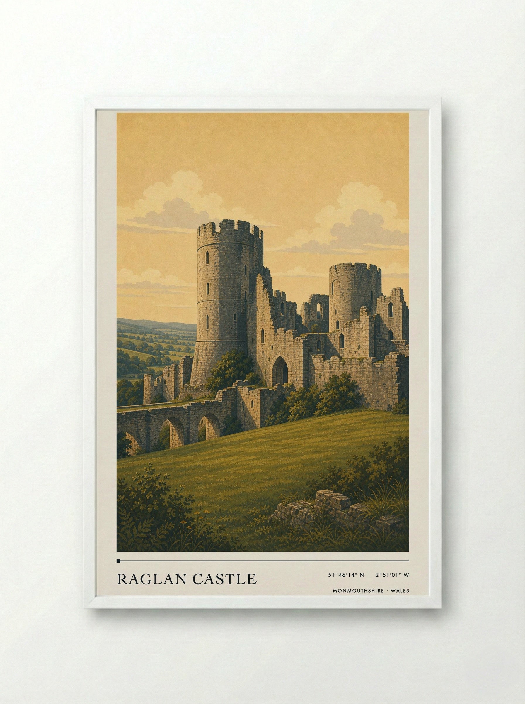 Raglan Castle Monmouthshire Wales Travel Poster - Framed Print White