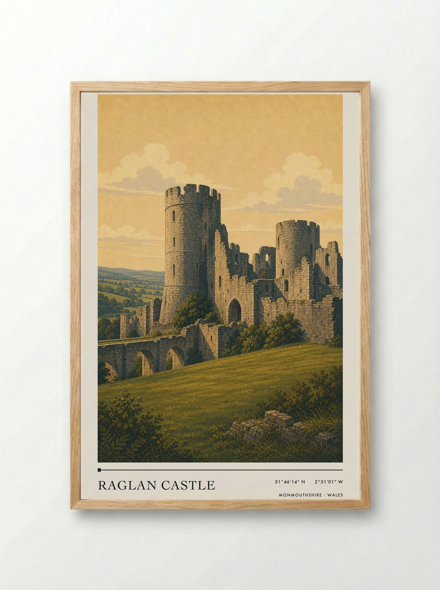 Raglan Castle Monmouthshire Wales Travel Poster - Framed Print Wood