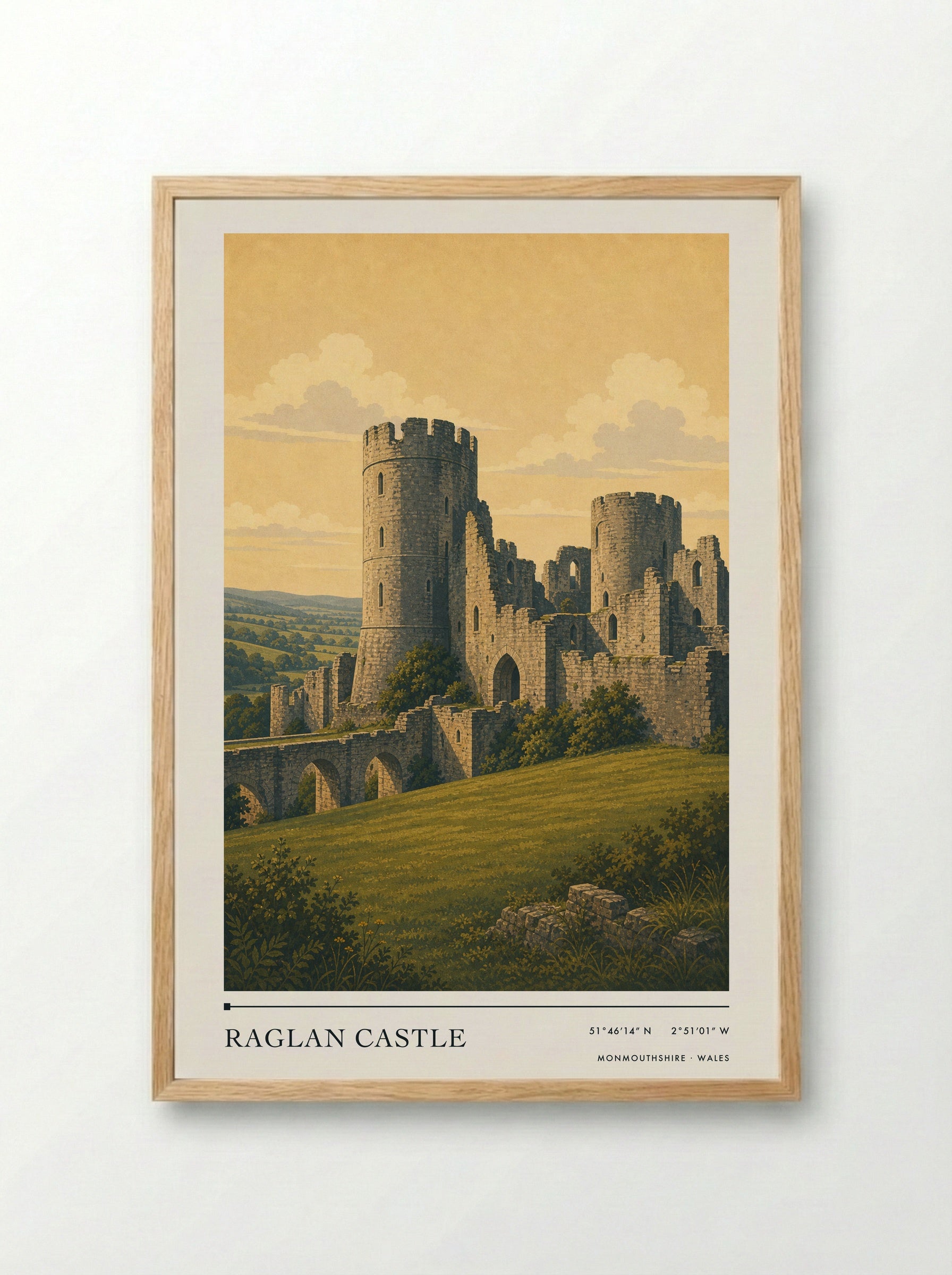 Raglan Castle Monmouthshire Wales Travel Poster - Framed Print Wood