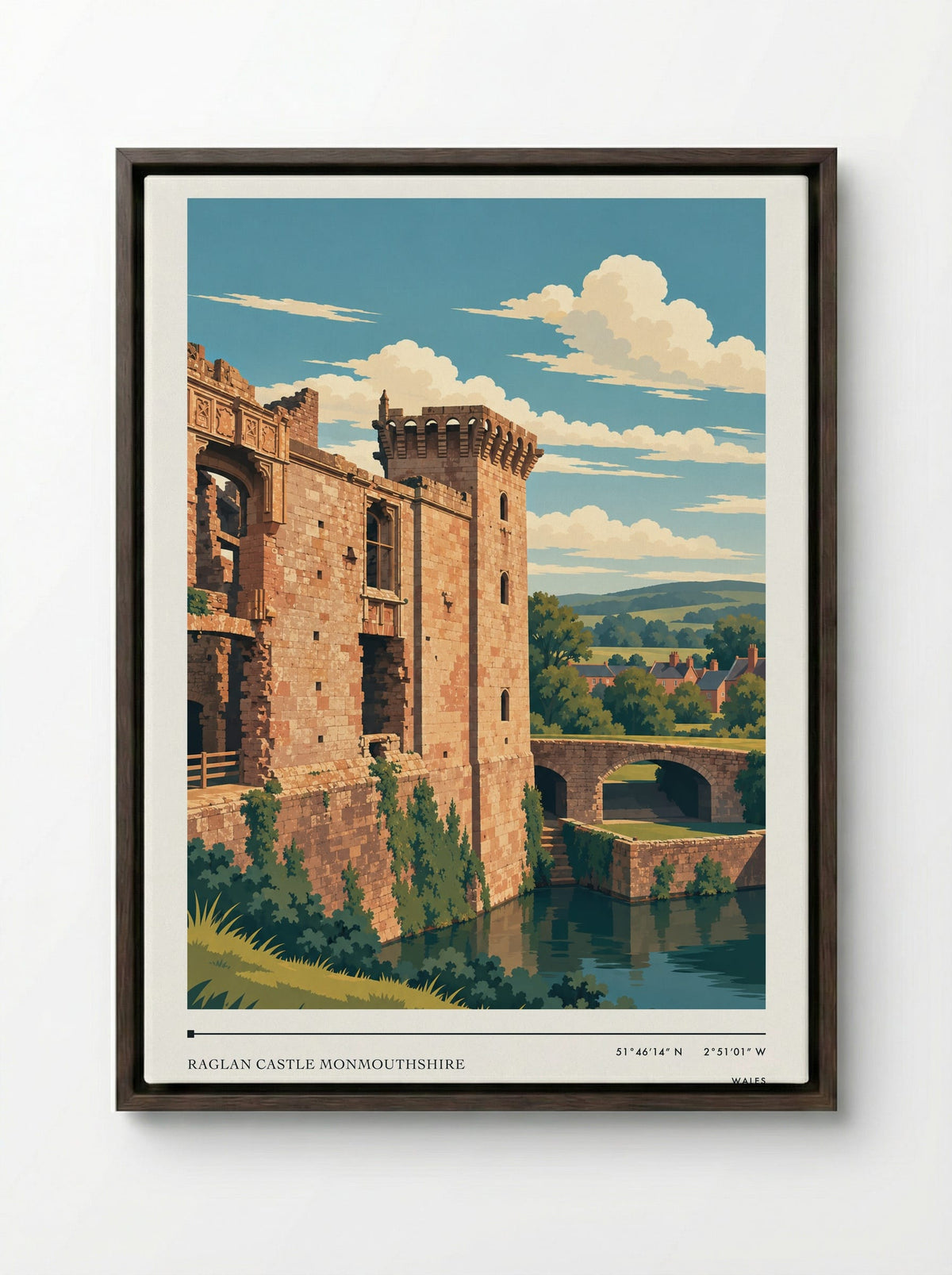 Raglan Castle Monmouthshire | Travel Poster - Framed Canvas Dark Wood
