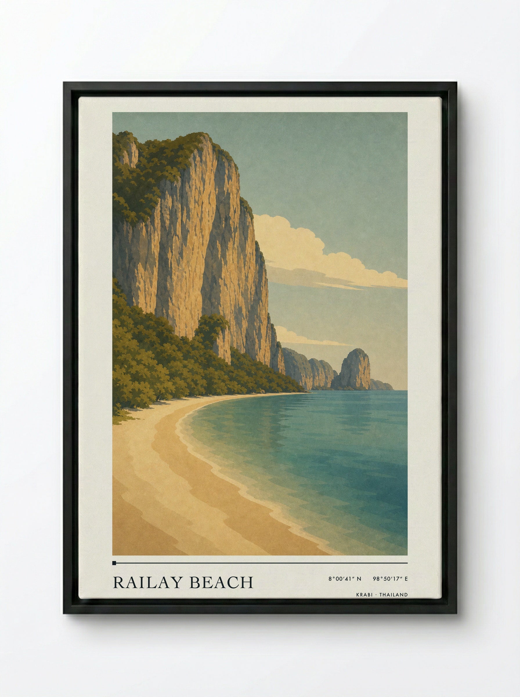 Railay Beach Travel Poster Artwork - Framed Canvas Black