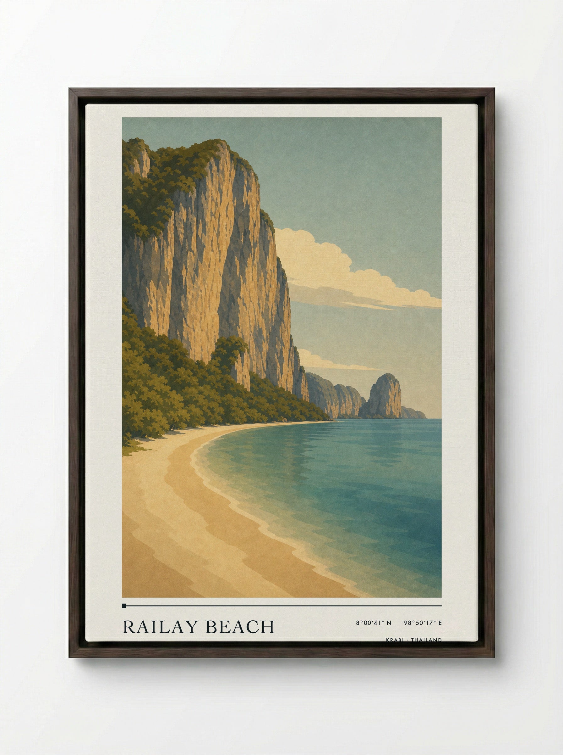 Railay Beach Travel Poster Artwork - Framed Canvas Dark Wood