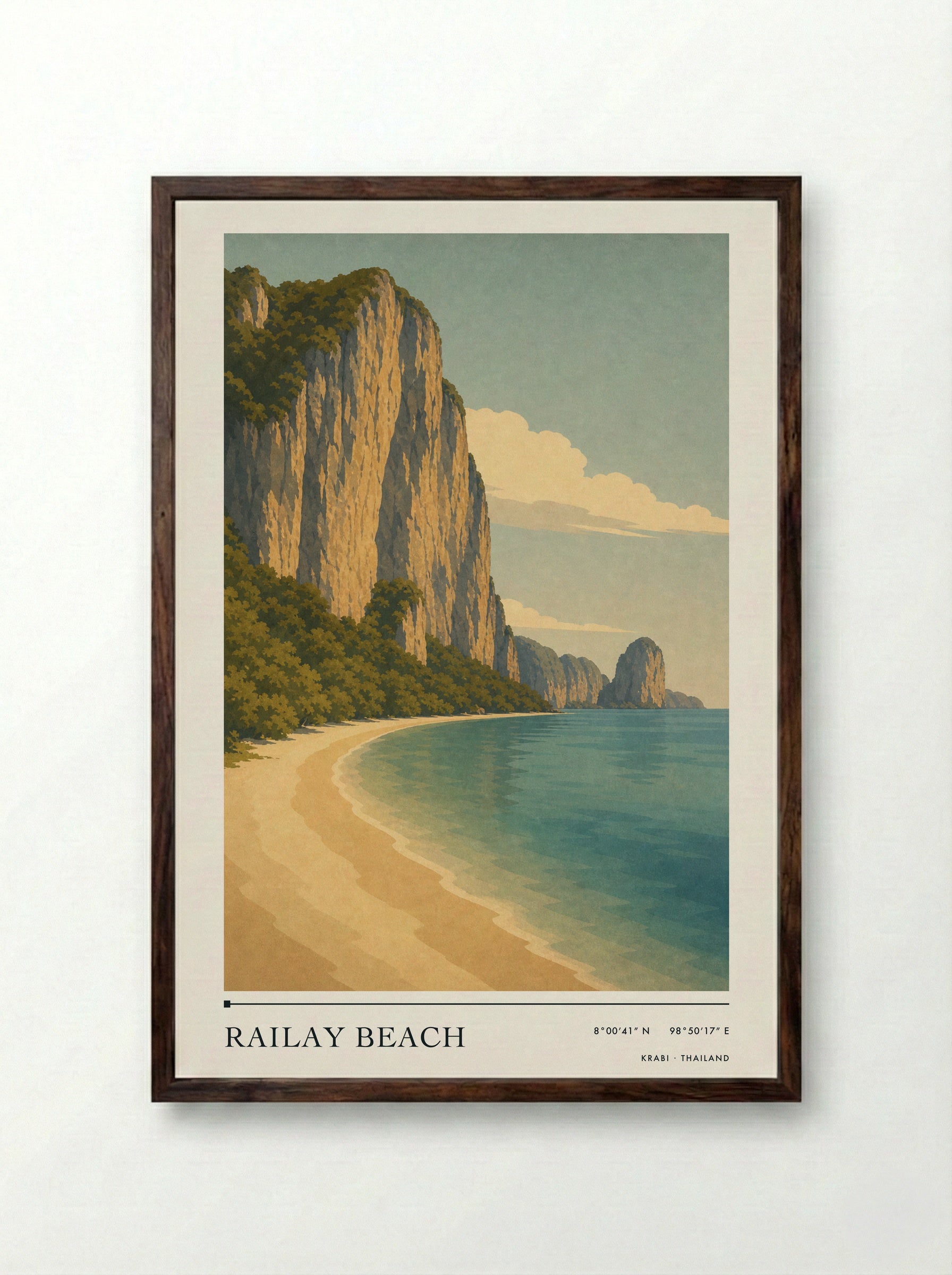 Railay Beach Travel Poster Artwork - Framed Print Dark Wood