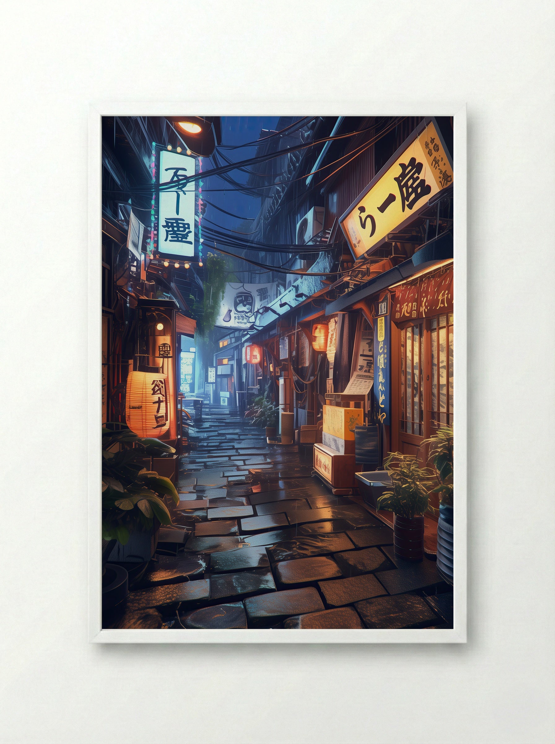 Rainfall in Tokyo’s Lantern Alley - Framed Print White