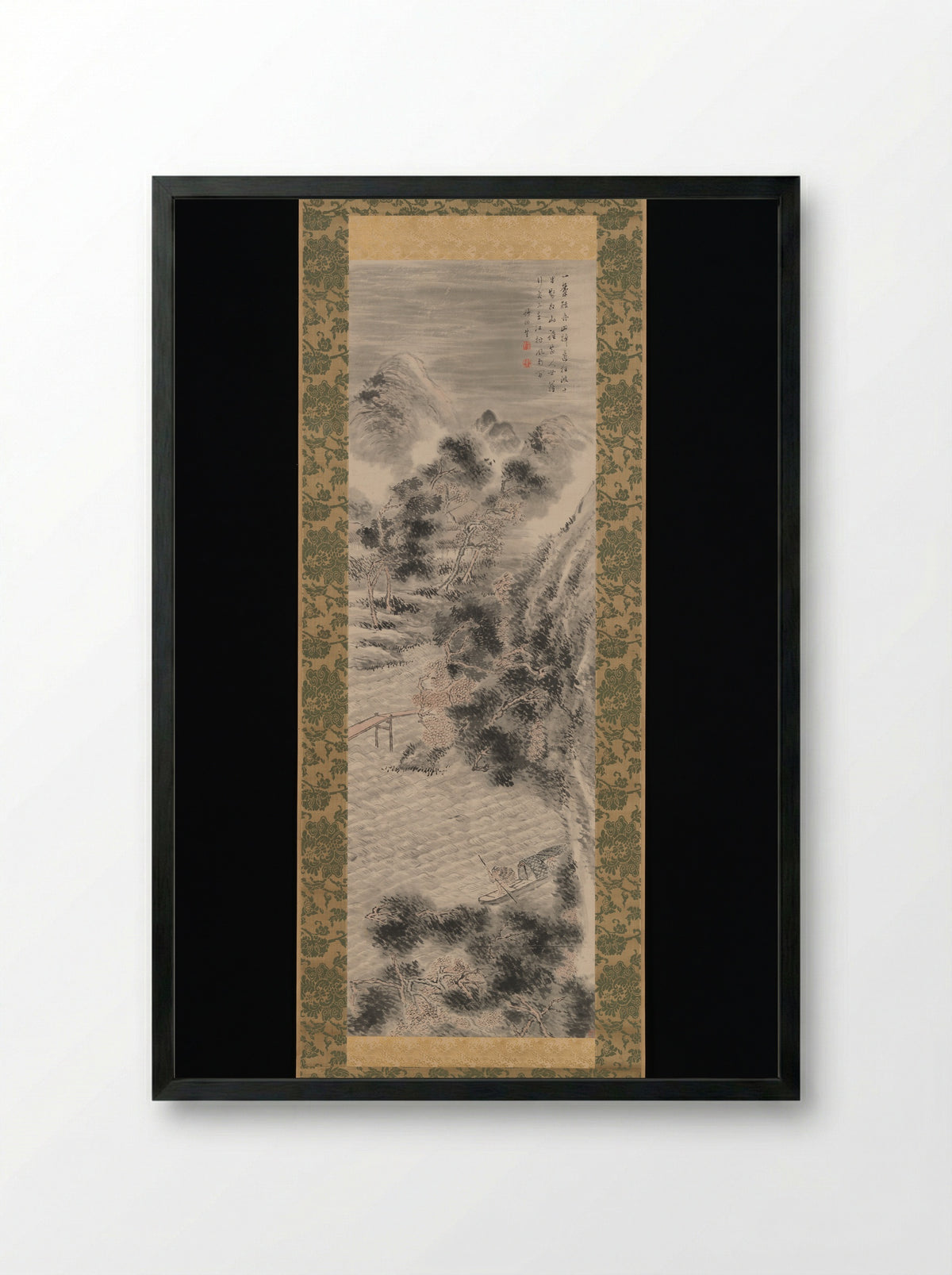 Rainstorm over a River Village - Tanomura Chikuden - Framed Print Black