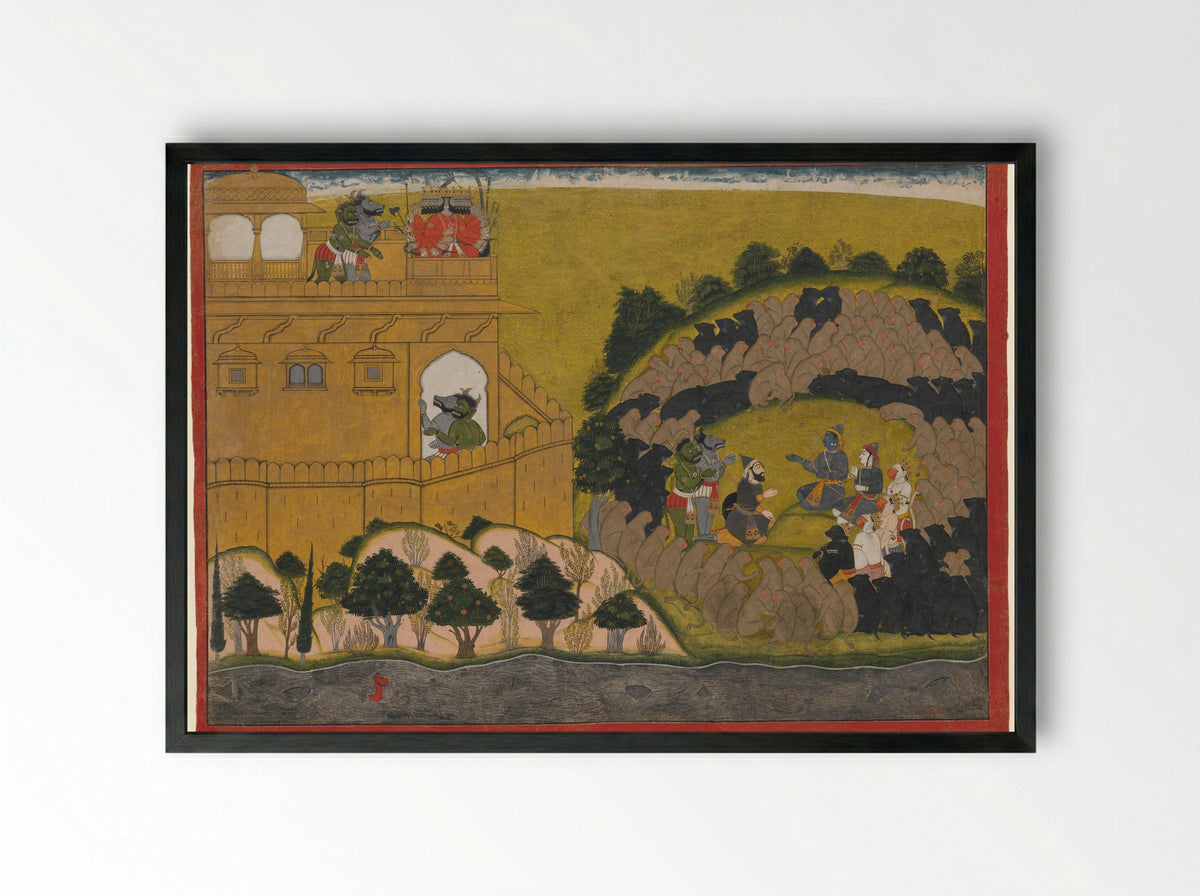 Rama Releases the Demon Spies Shuka and Sarana - Manaku - Framed Print Black
