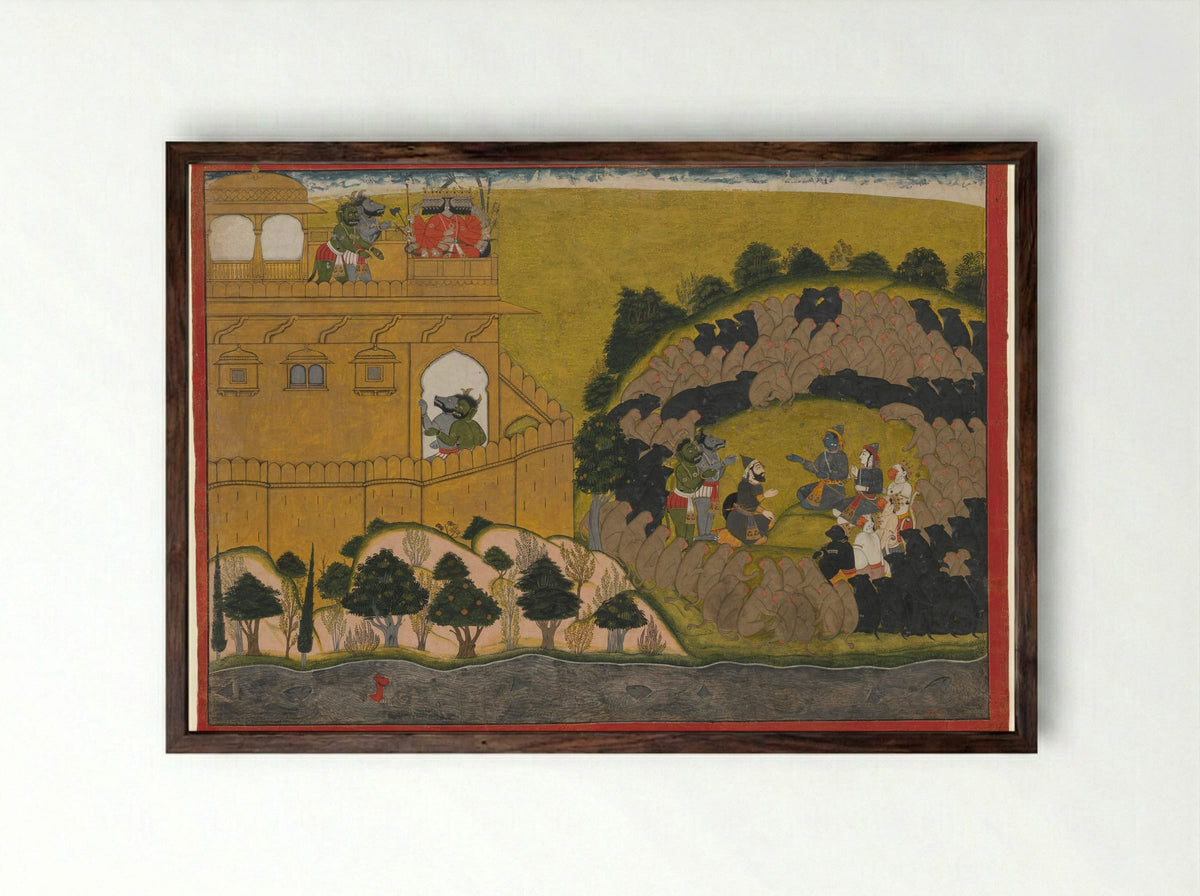 Rama Releases the Demon Spies Shuka and Sarana - Manaku - Framed Print Dark Wood