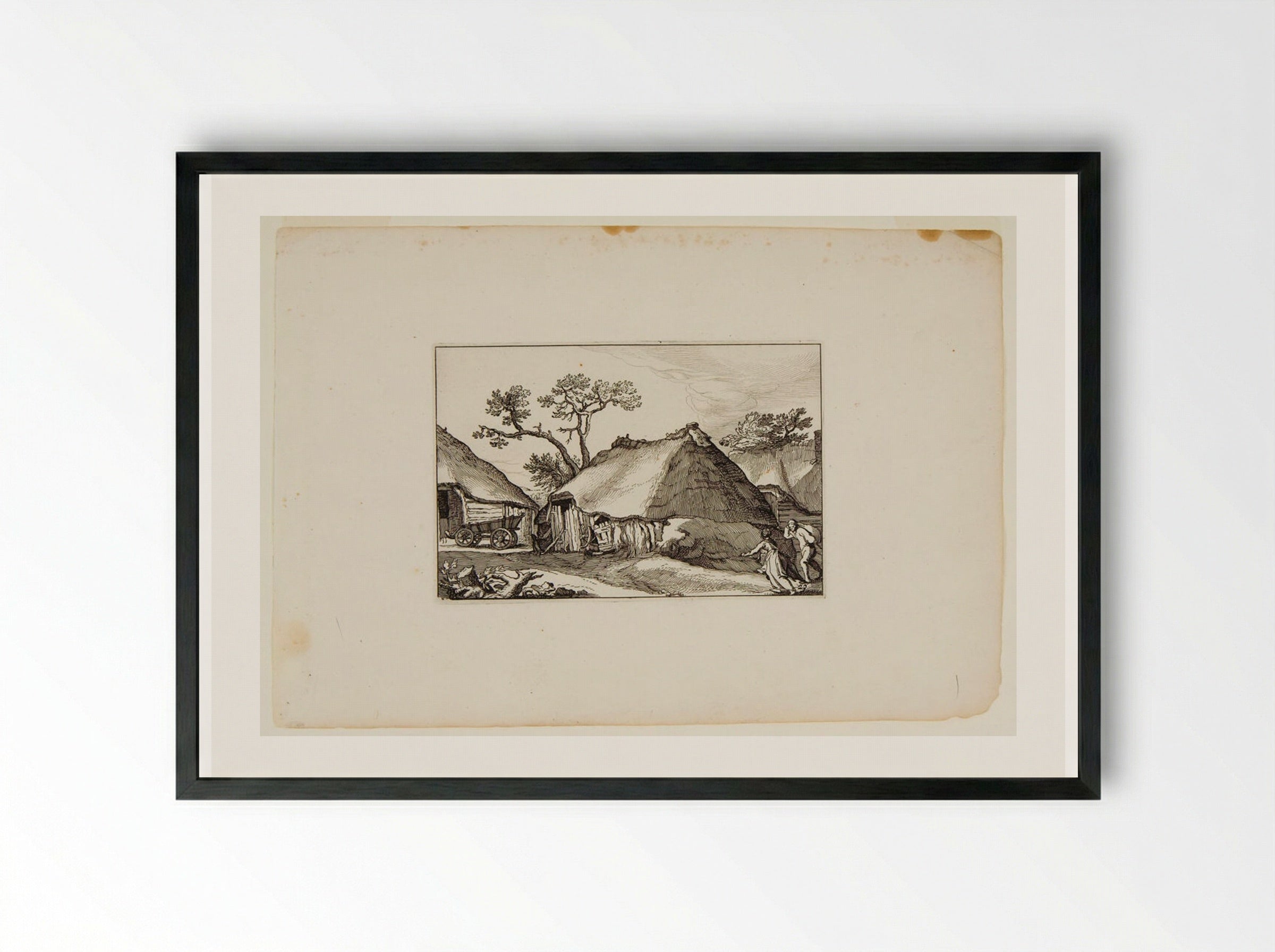 Ramshackle Hut with Wagon to Left and Two Figures to Right - Claes Jansz. Visscher - Framed Print Black