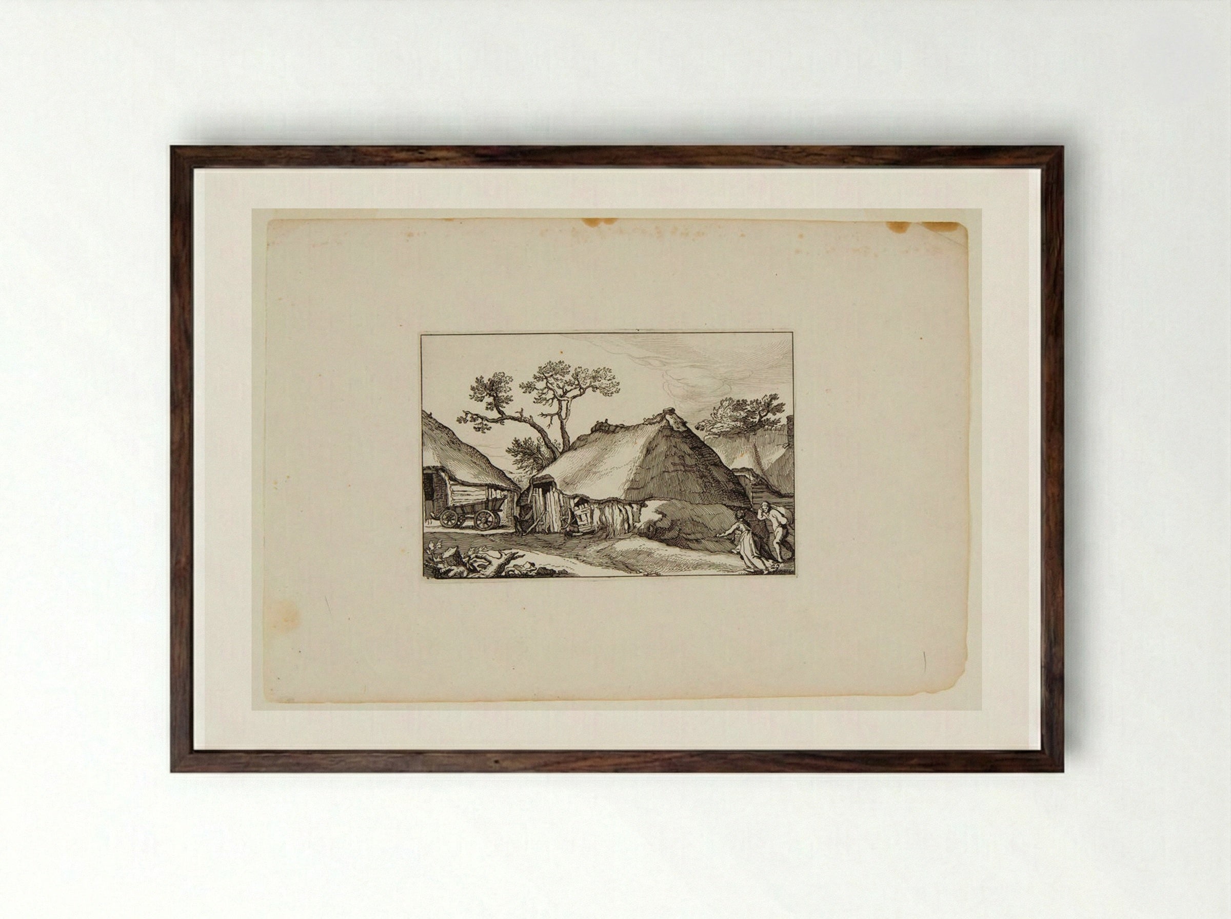 Ramshackle Hut with Wagon to Left and Two Figures to Right - Claes Jansz. Visscher - Framed Print Dark Wood