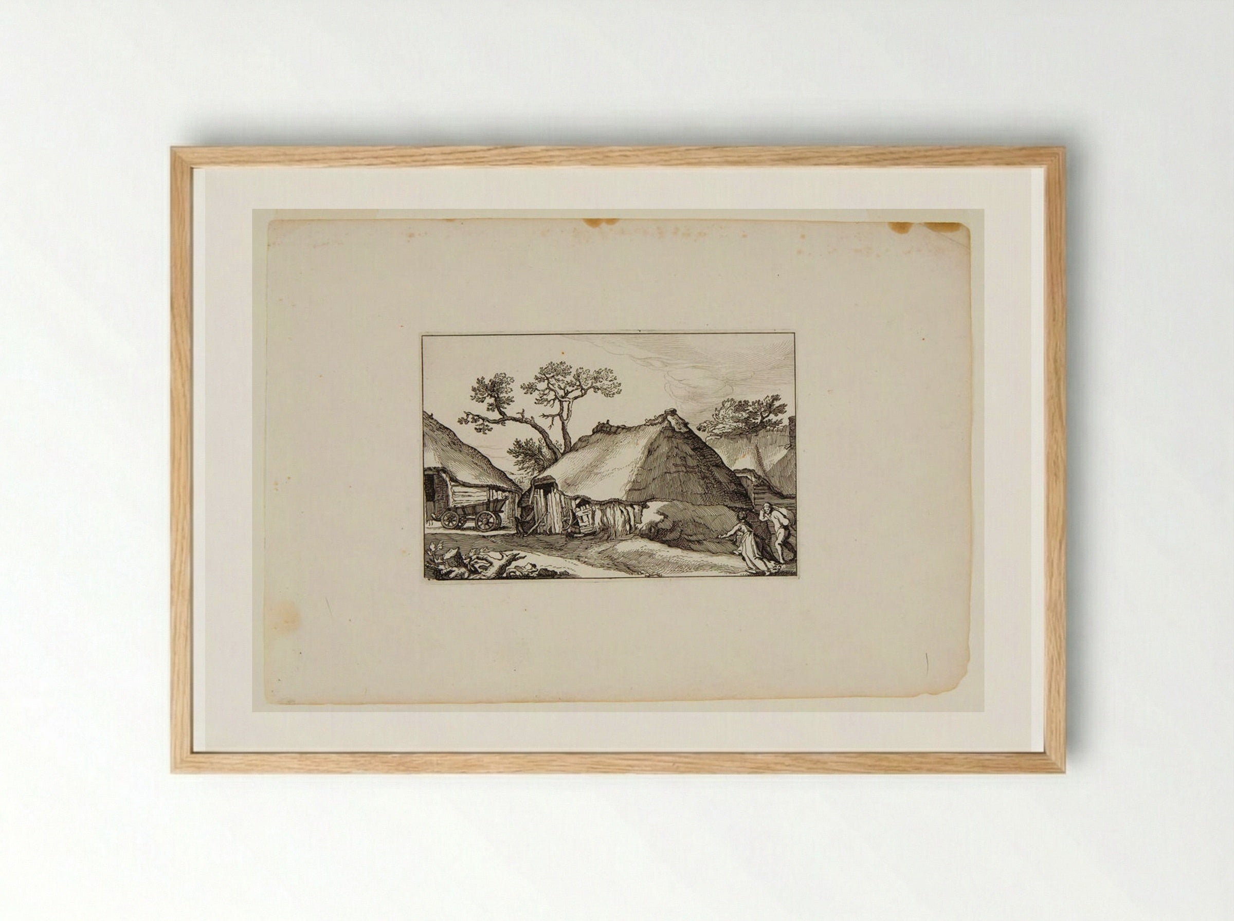 Ramshackle Hut with Wagon to Left and Two Figures to Right - Claes Jansz. Visscher - Framed Print Wood