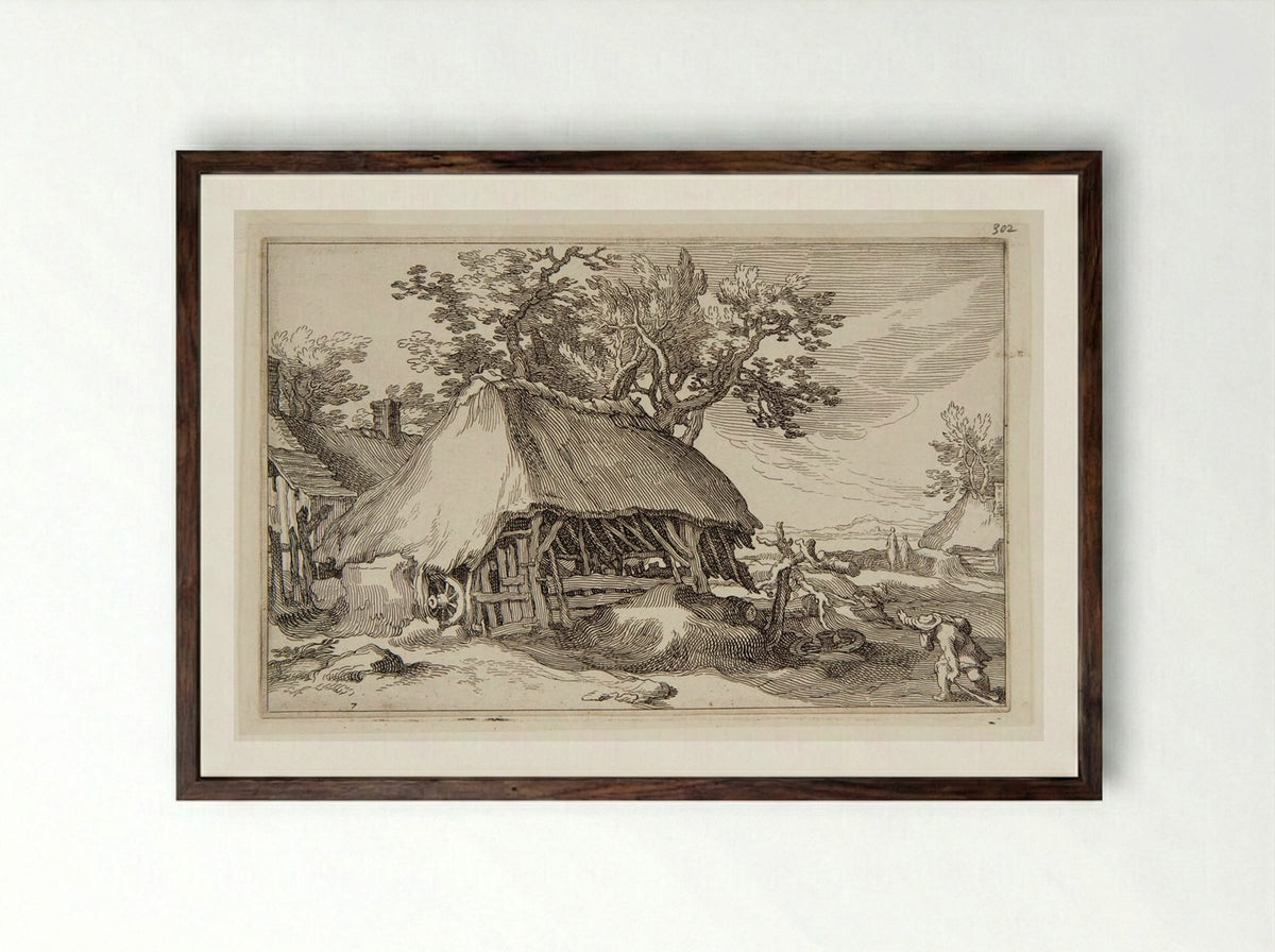 Ramshackle Hut with a Wagon Wheel - Boetius Adamsz. Bolswert - Framed Print Dark Wood