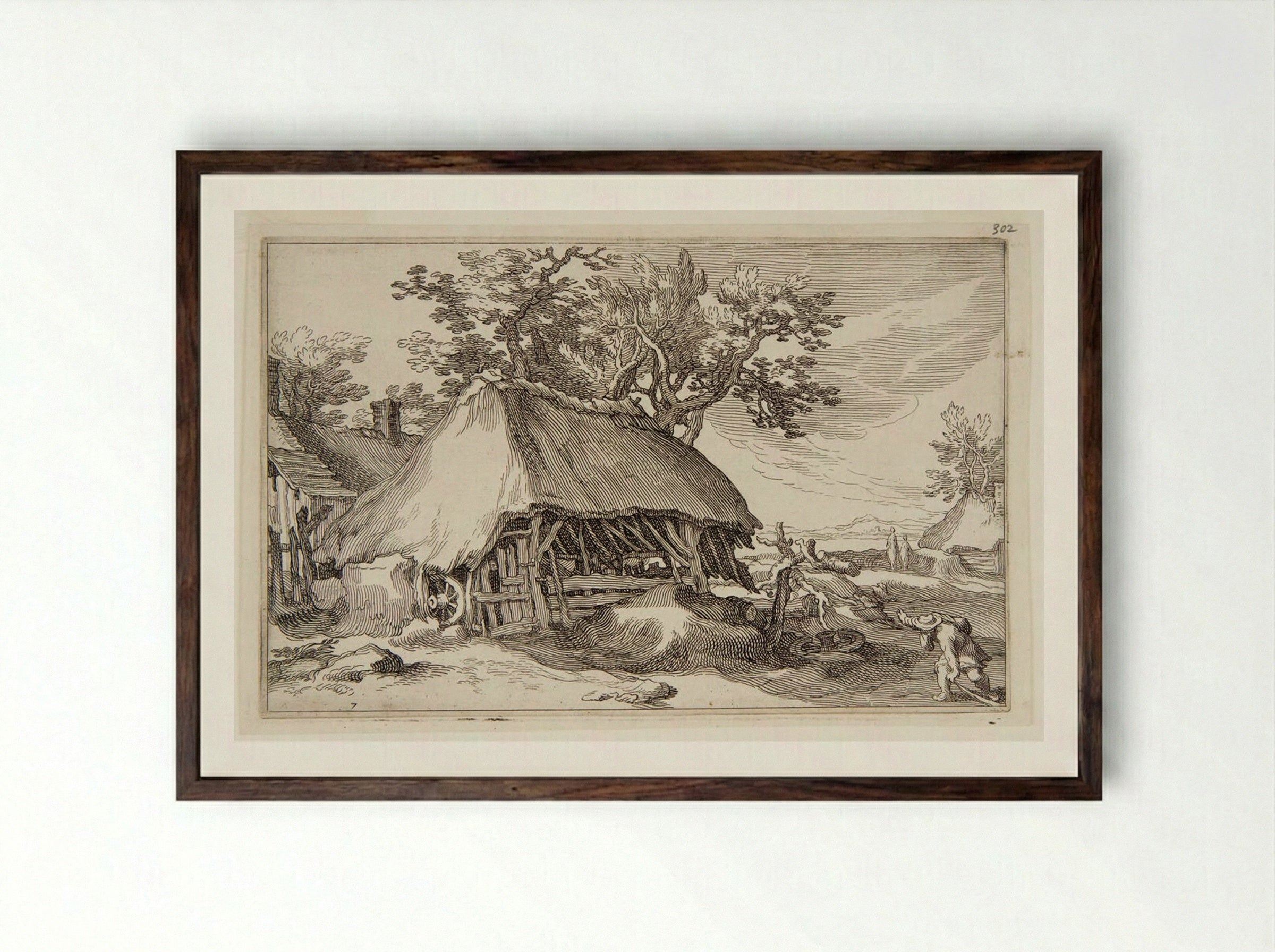 Ramshackle Hut with a Wagon Wheel - Boetius Adamsz. Bolswert - Framed Print Dark Wood