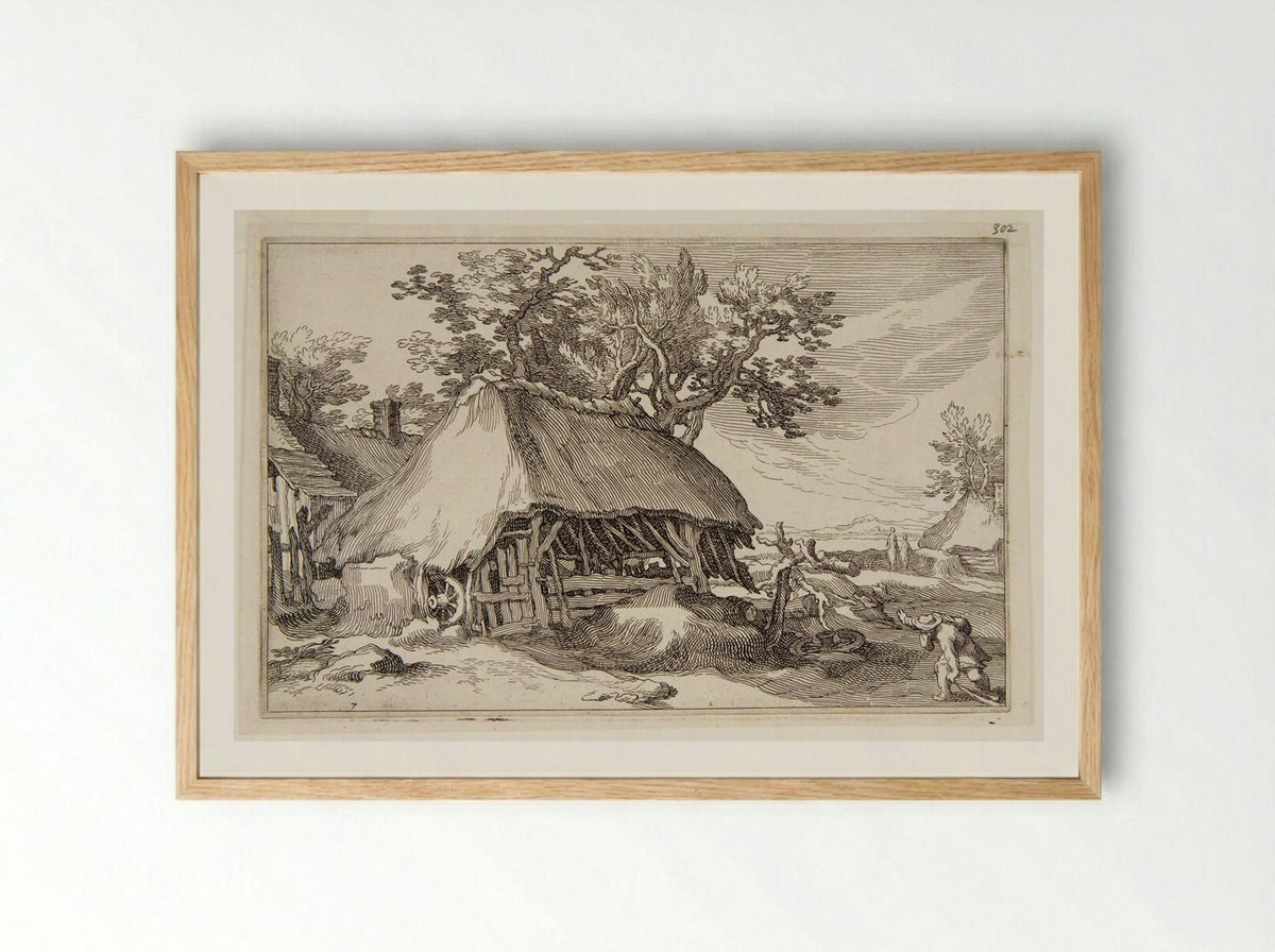 Ramshackle Hut with a Wagon Wheel - Boetius Adamsz. Bolswert - Framed Print Wood