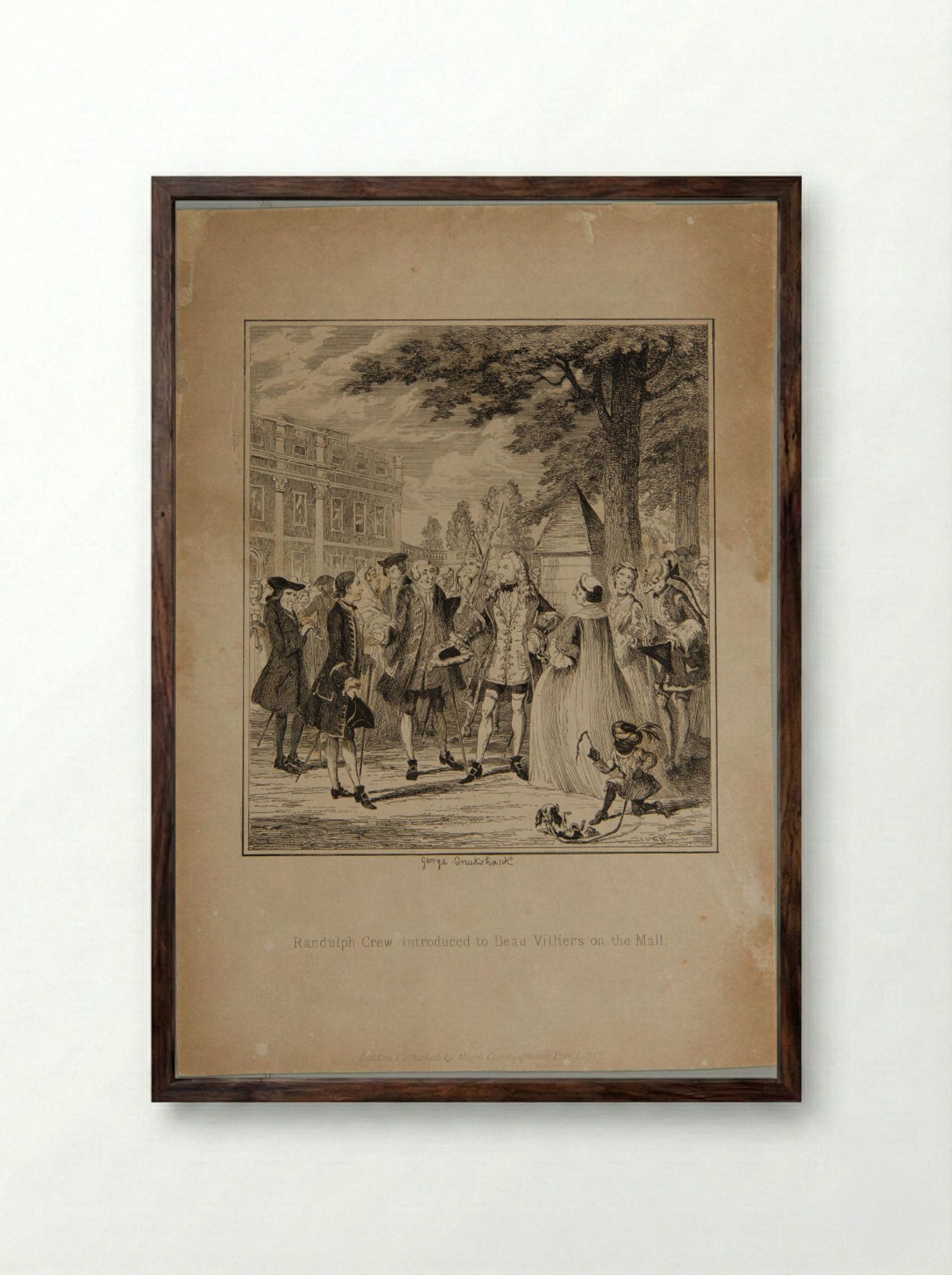 Randulph Crew Introduced to Beau Villiers on the Mall - George Cruikshank - Framed Print Dark Wood