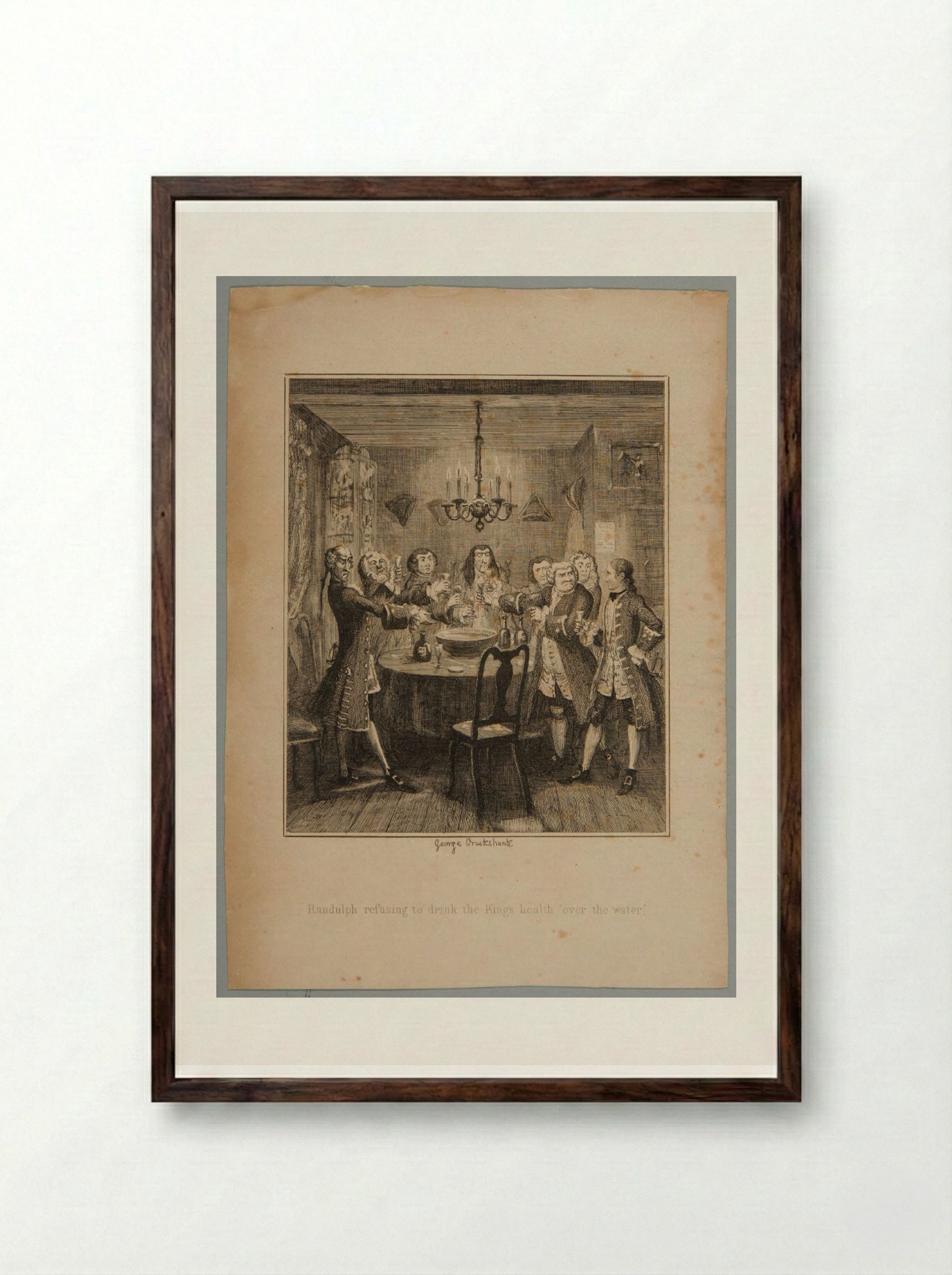 Randulph Refusing to Drink the King's Health Over the Water - George Cruikshank - Framed Print Dark Wood