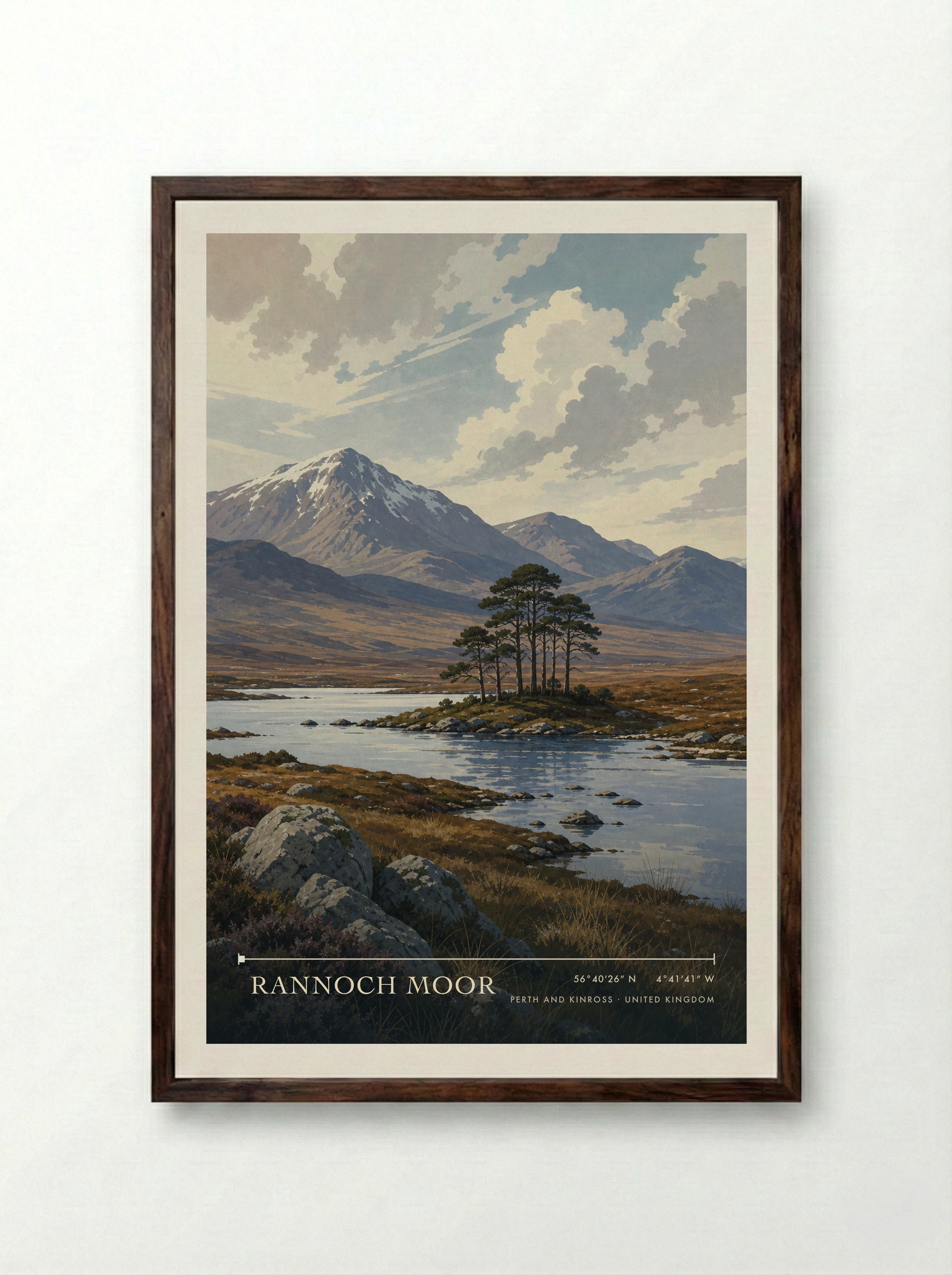 Rannoch Moor Perth and Kinross United Kingdom Travel Poster - Framed Print Dark Wood
