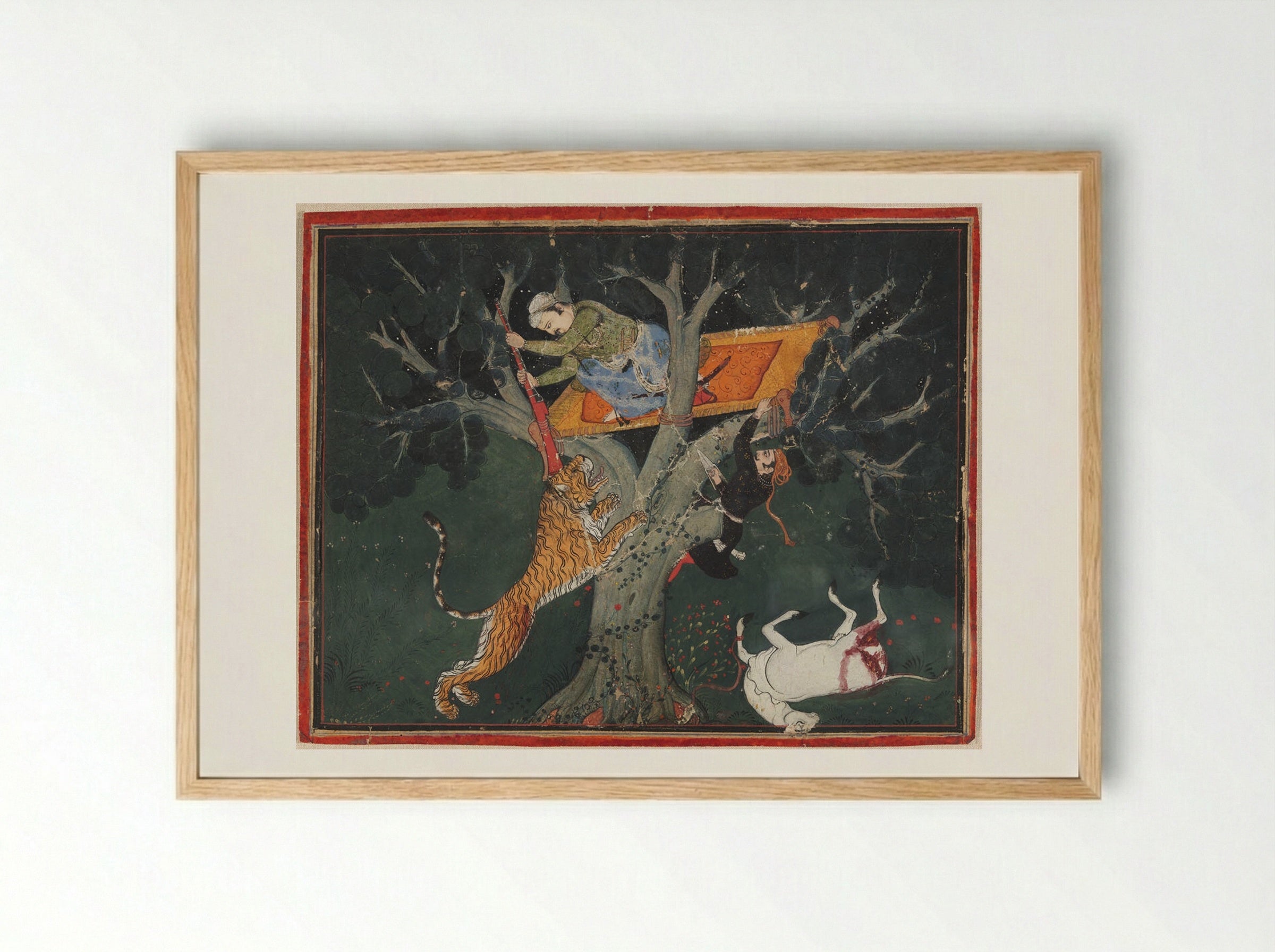Rao Raja Bhoj Singh of Bundi Batters a Leaping Tiger from a Tree - Unknown Artist - Framed Print Wood