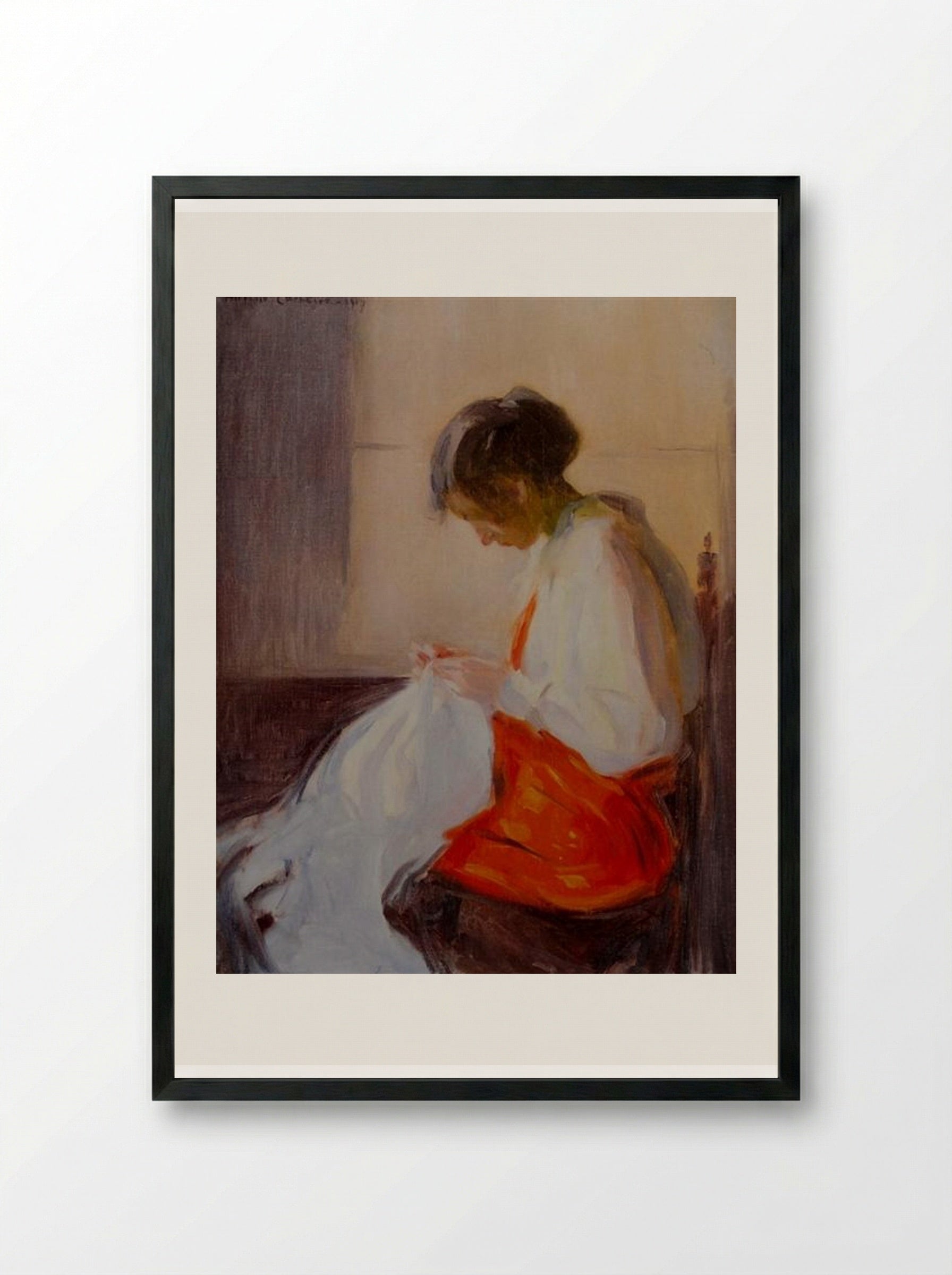 Rapariga Costurando - António Carneiro - Framed Print Black