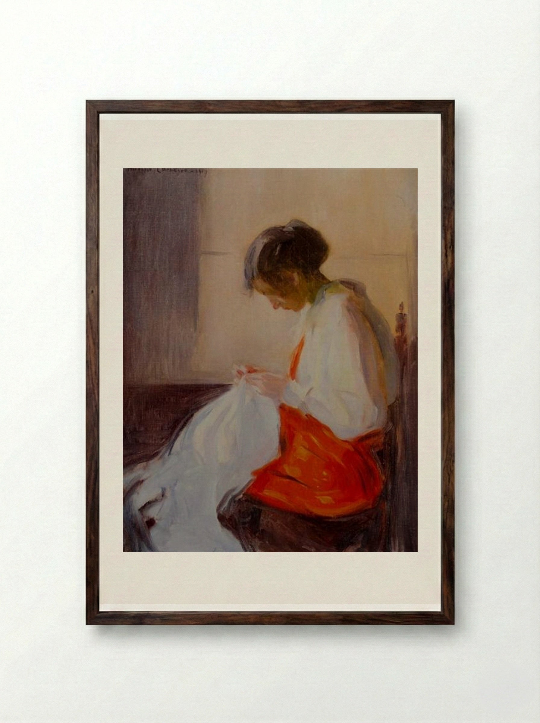 Rapariga Costurando - António Carneiro - Framed Print Dark Wood
