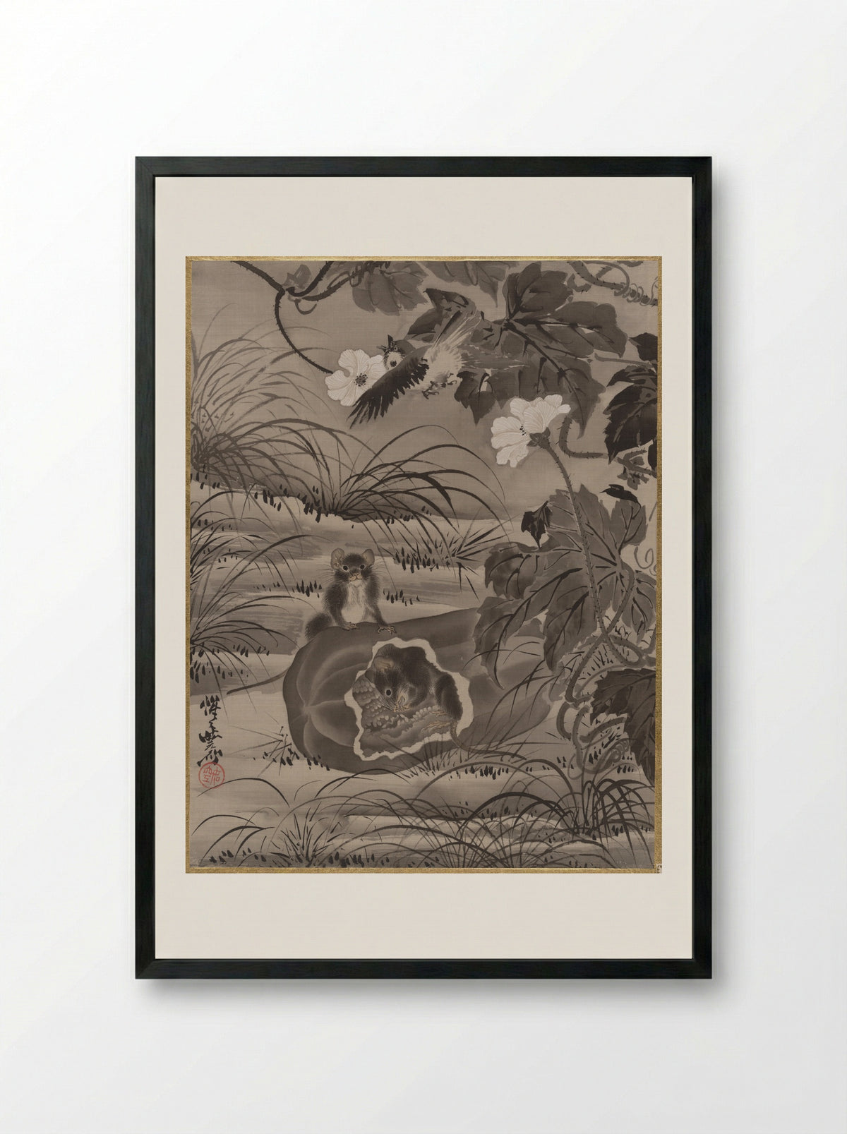 Rats and Gourd - Kawanabe Kyōsai - Framed Print Black