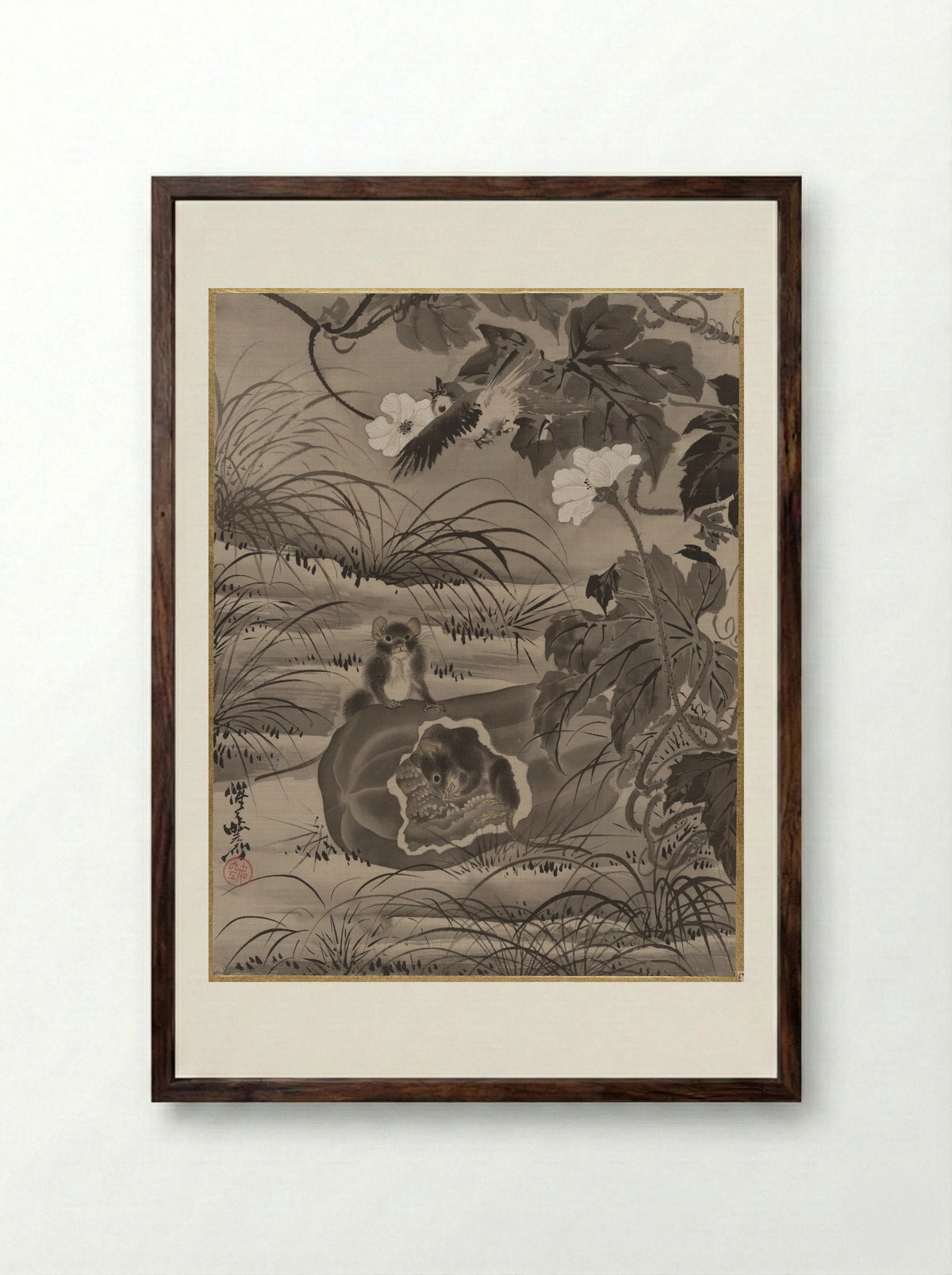 Rats and Gourd - Kawanabe Kyōsai - Framed Print Dark Wood