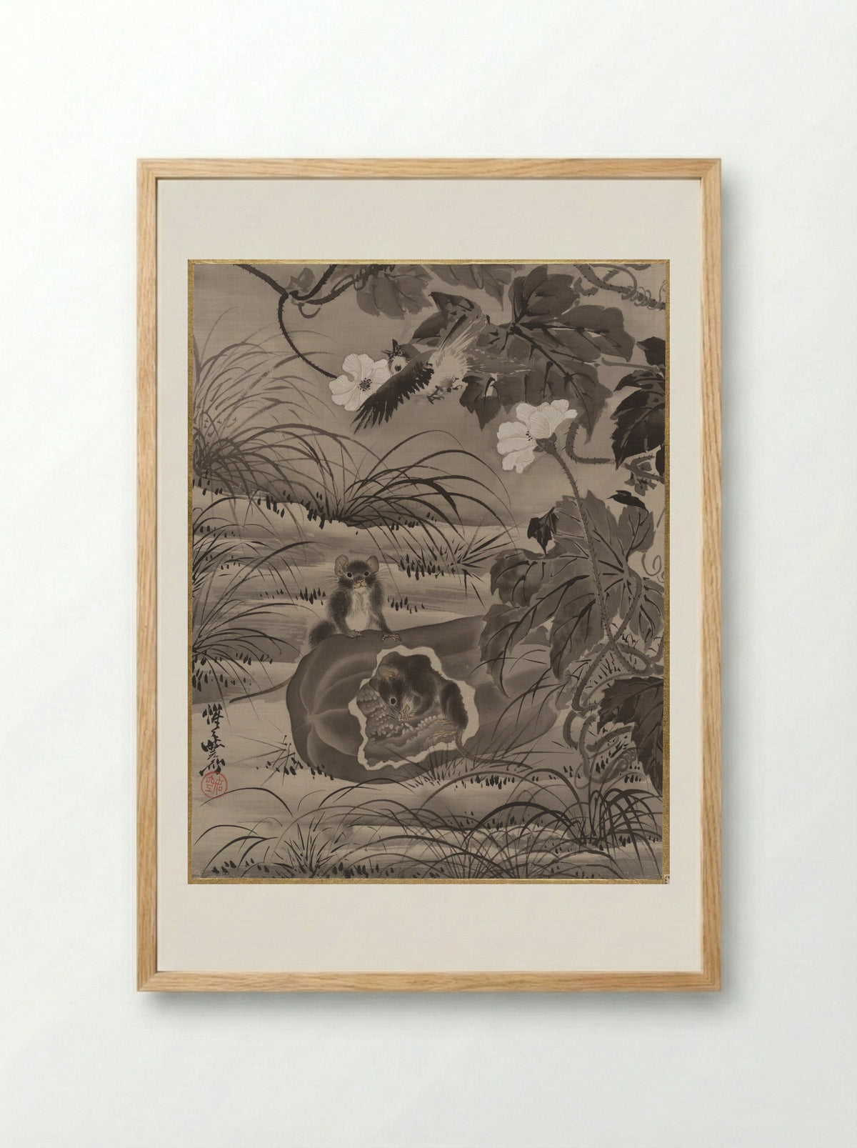 Rats and Gourd - Kawanabe Kyōsai - Framed Print Wood