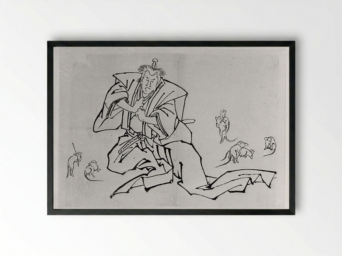 Rats and a Kabuki Actor in the Role of Nikki Danjō - Hokusai School - Framed Print Black