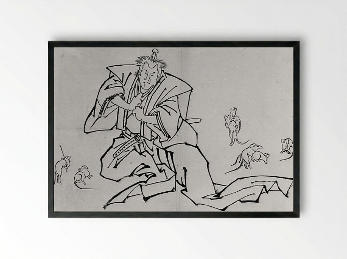 Rats and a Kabuki Actor in the Role of Nikki Danjō - Hokusai School - Framed Print Black