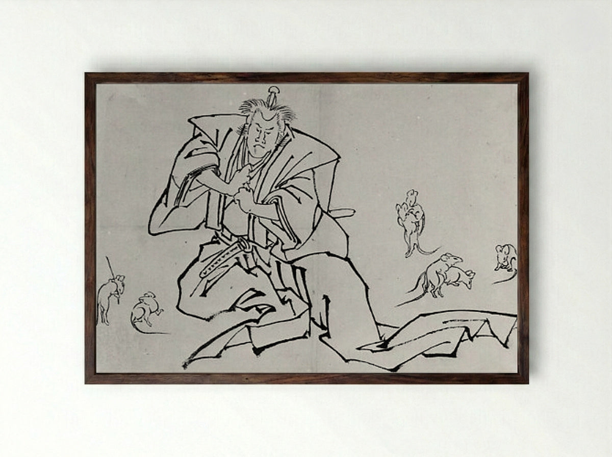 Rats and a Kabuki Actor in the Role of Nikki Danjō - Hokusai School - Framed Print Dark Wood