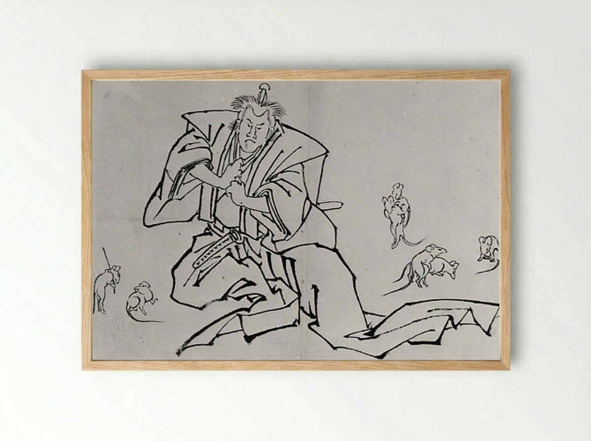 Rats and a Kabuki Actor in the Role of Nikki Danjō - Hokusai School - Framed Print Wood