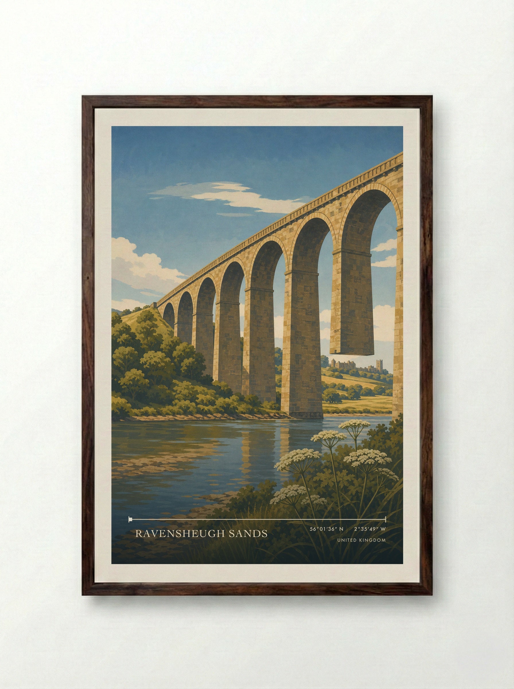 Ravensheugh Sands United Kingdom Travel Poster - Framed Print Dark Wood