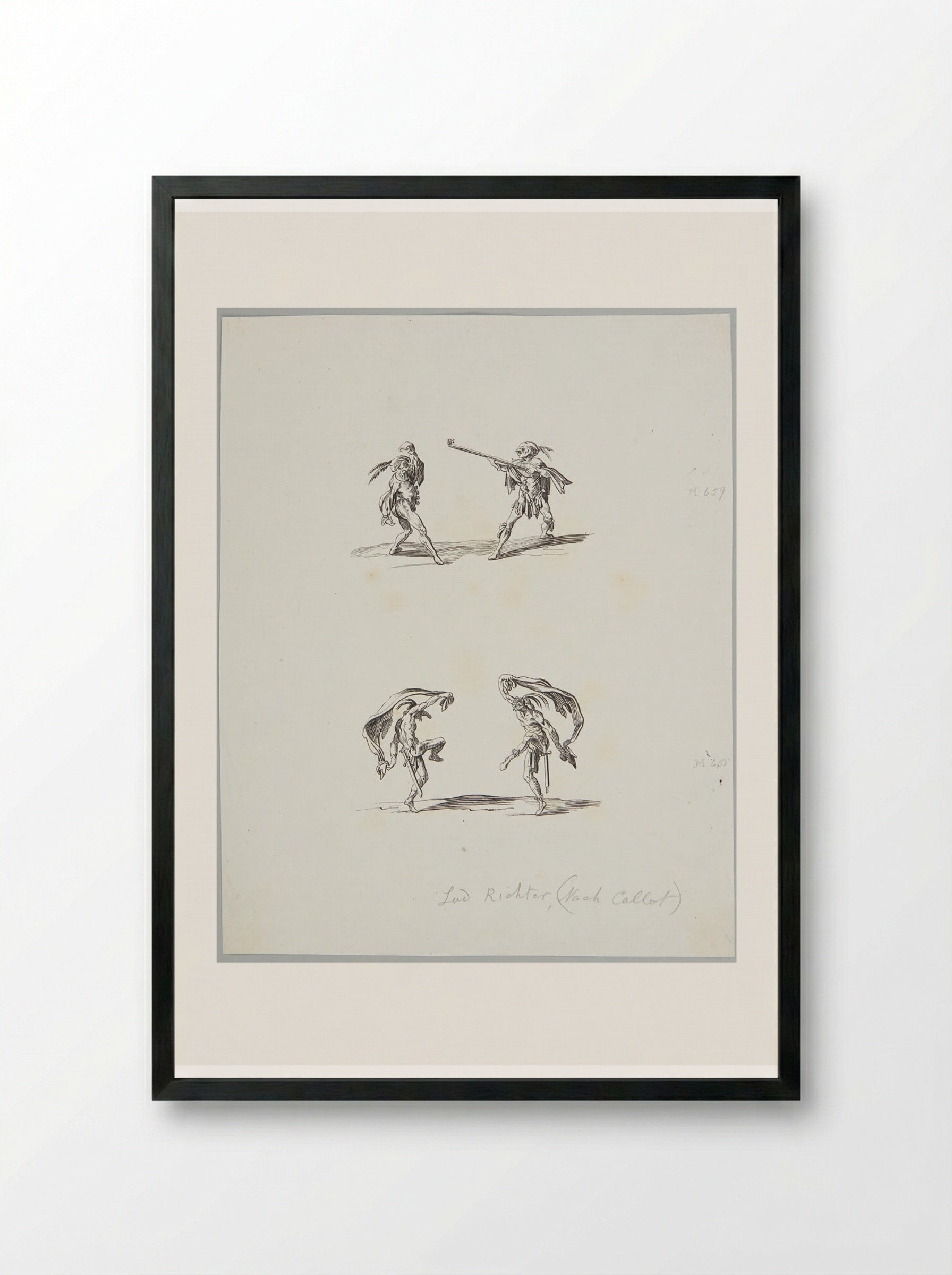 Razullo and Cucurucu, and Bello Sguardo and Coviello, after Callot - Adrian Ludwig Richter - Framed Print Black