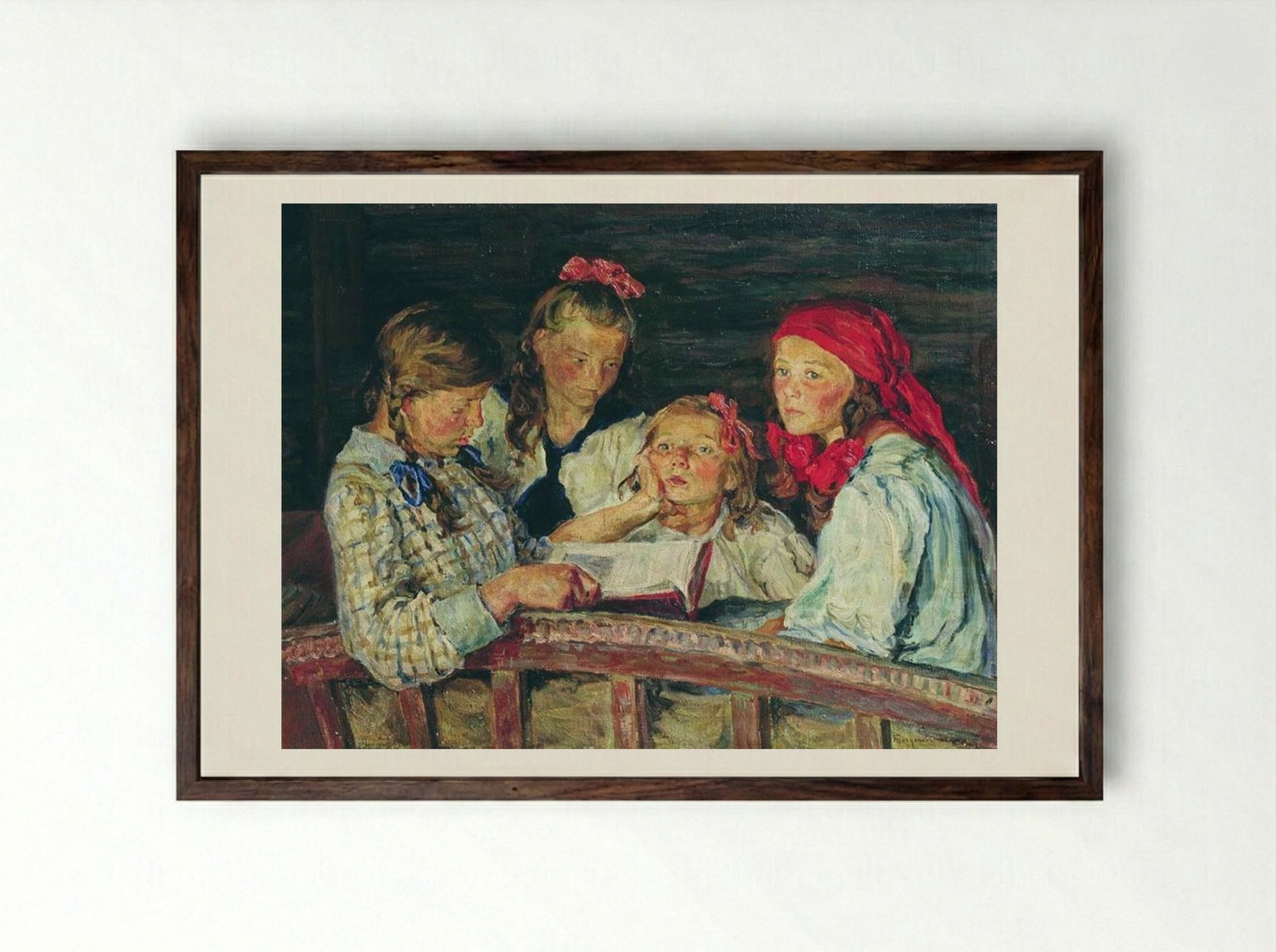 Reading a Book - Nikolay Bogdanov-Belsky - Framed Print Dark Wood