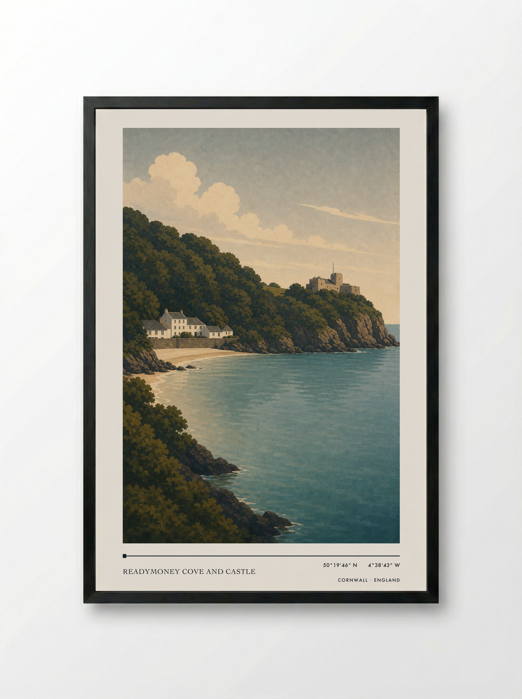 Readymoney Cove and Castle Cornwall England Travel Poster - Framed Print Black