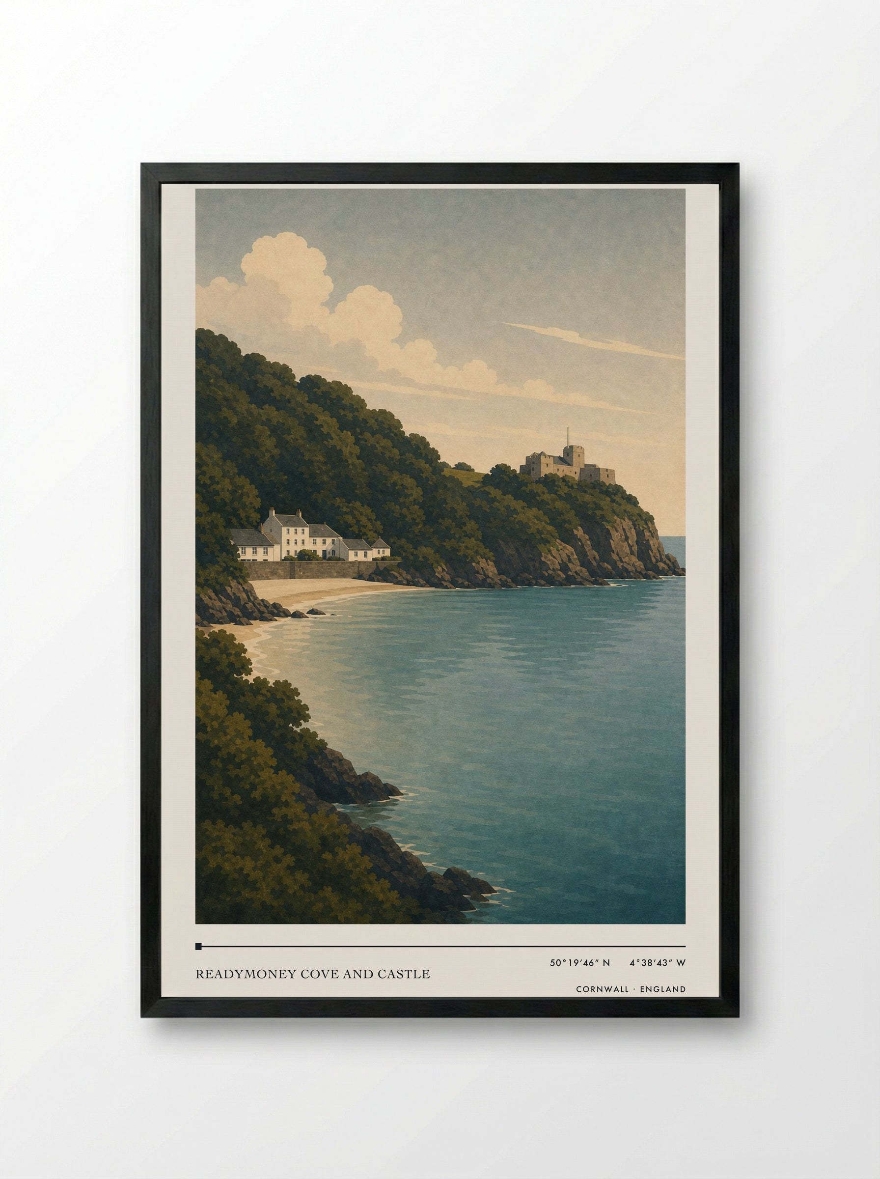 Readymoney Cove and Castle Cornwall England Travel Poster - Framed Print Black