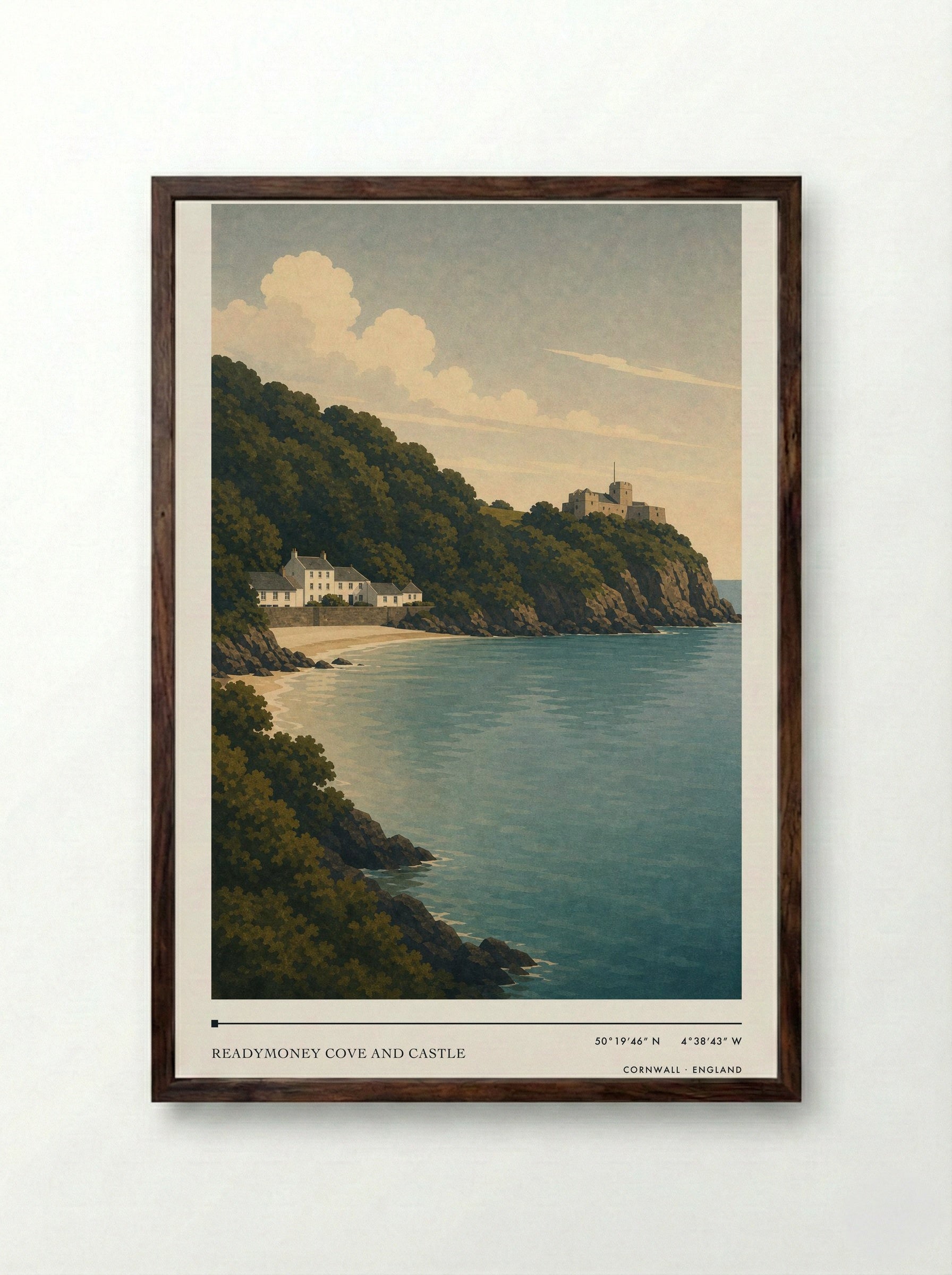 Readymoney Cove and Castle Cornwall England Travel Poster - Framed Print Dark Wood
