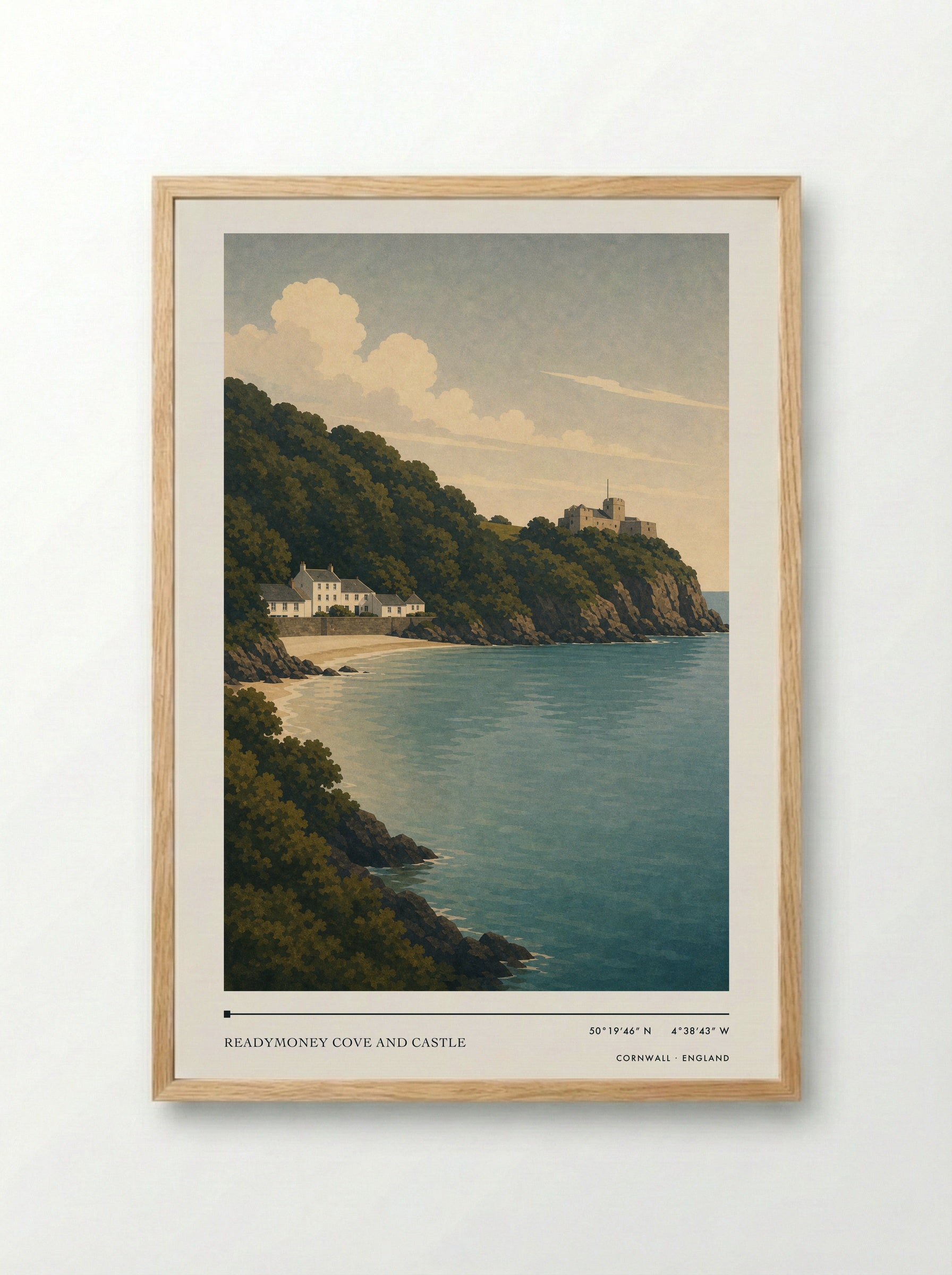 Readymoney Cove and Castle Cornwall England Travel Poster - Framed Print Wood