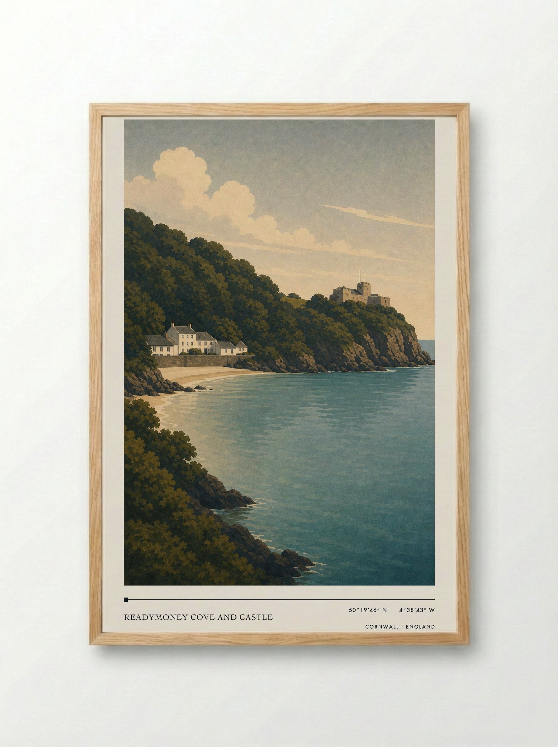 Readymoney Cove and Castle Cornwall England Travel Poster - Framed Print Wood