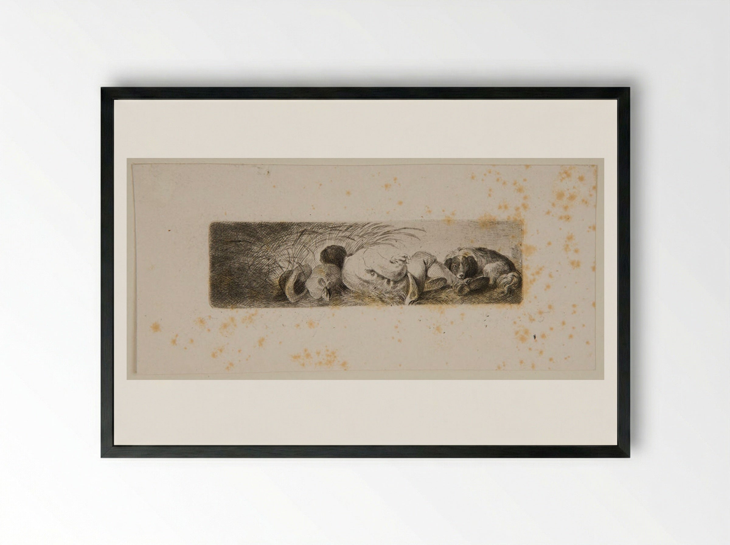 Reaper and his Dog Lying on the Ground - Ferdinand Kobell - Framed Print Black