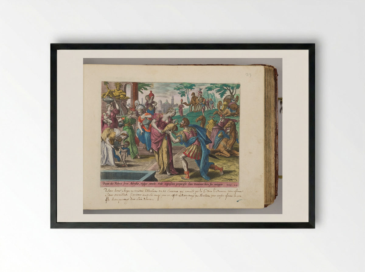 Rebecca Giving Eliezer Water to Drink at the Well - Adriaen Collaert - Framed Print Black