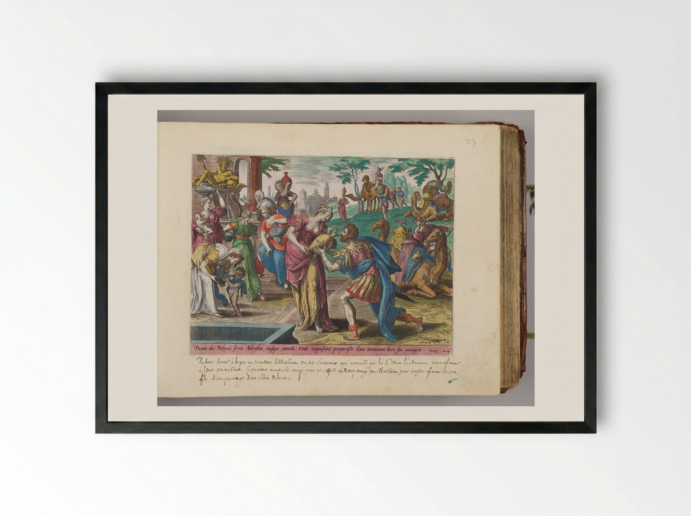 Rebecca Giving Eliezer Water to Drink at the Well - Adriaen Collaert - Framed Print Black