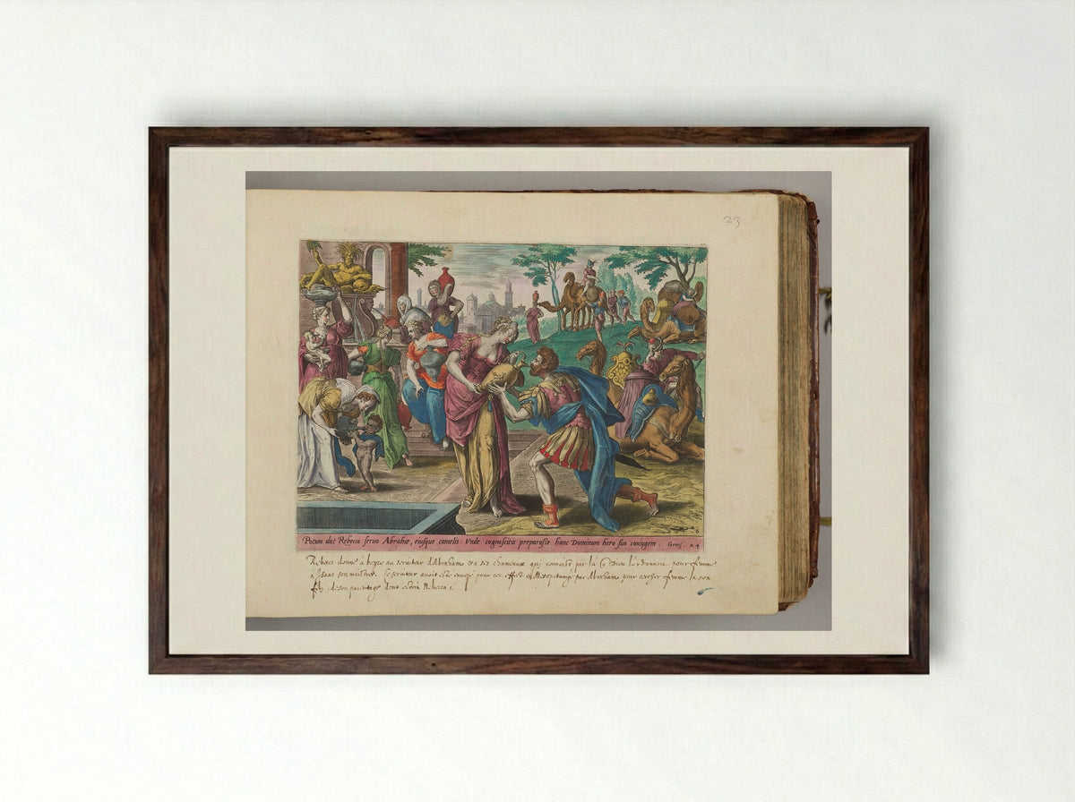 Rebecca Giving Eliezer Water to Drink at the Well - Adriaen Collaert - Framed Print Dark Wood