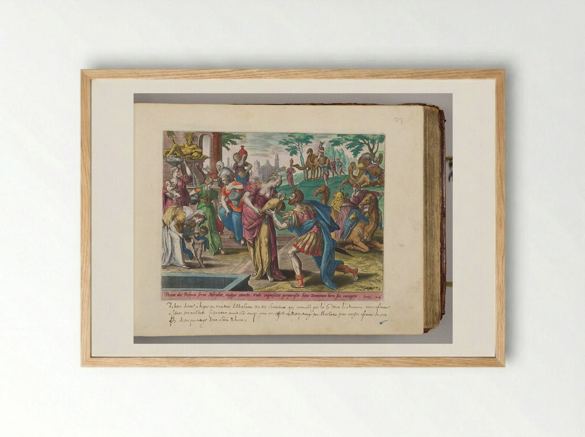 Rebecca Giving Eliezer Water to Drink at the Well - Adriaen Collaert - Framed Print Wood