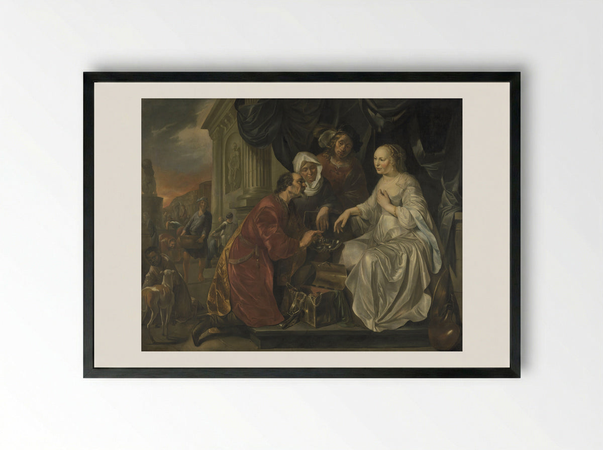 Rebecca Receiving Gifts from Abraham's Servant - Hendrick Heerschop - Framed Print Black