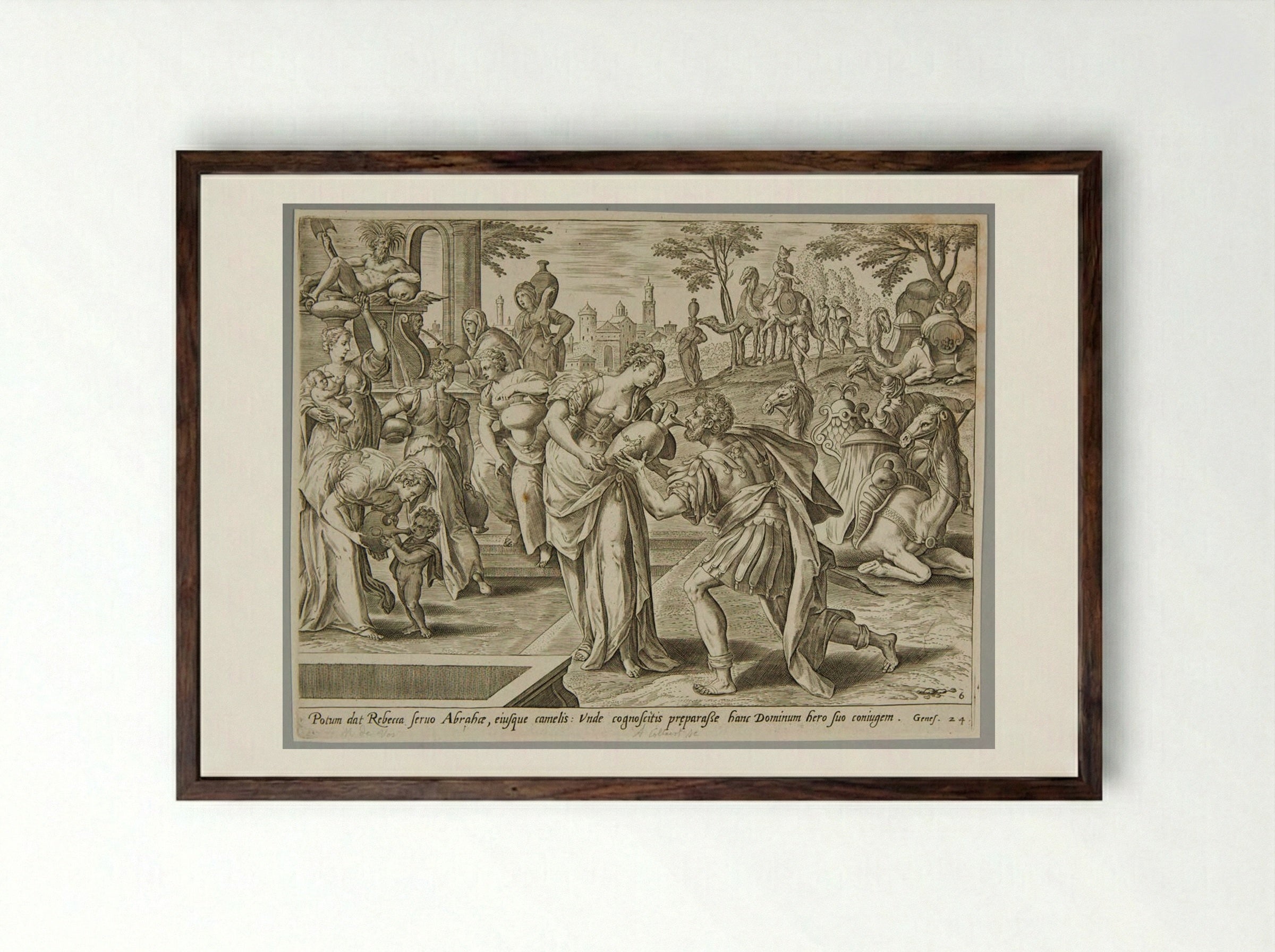 Rebecca at the Well - Adriaen Collaert - Framed Print Dark Wood
