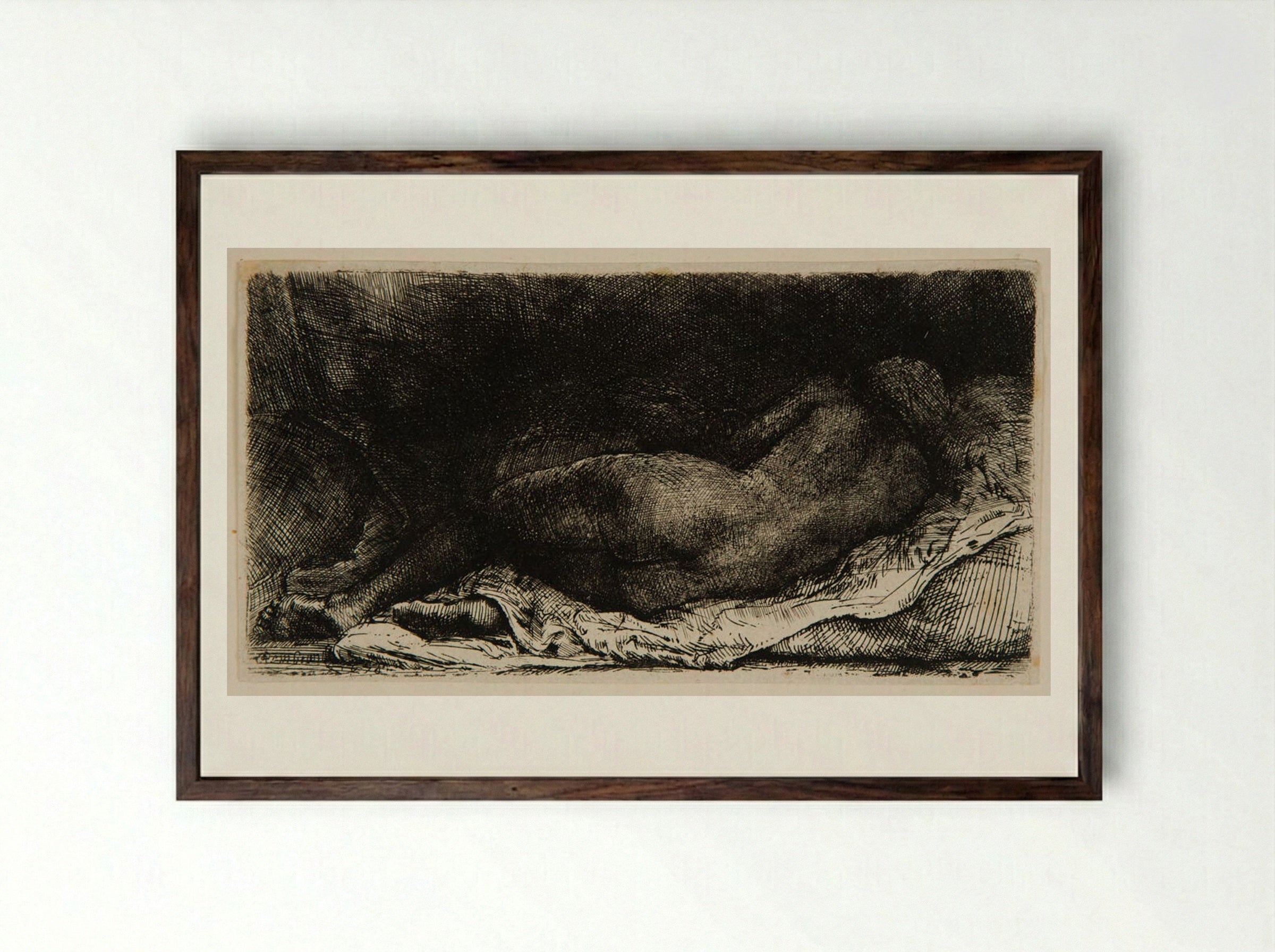 Reclining Female Nude - Rembrandt Harmensz. van Rijn - Framed Print Dark Wood