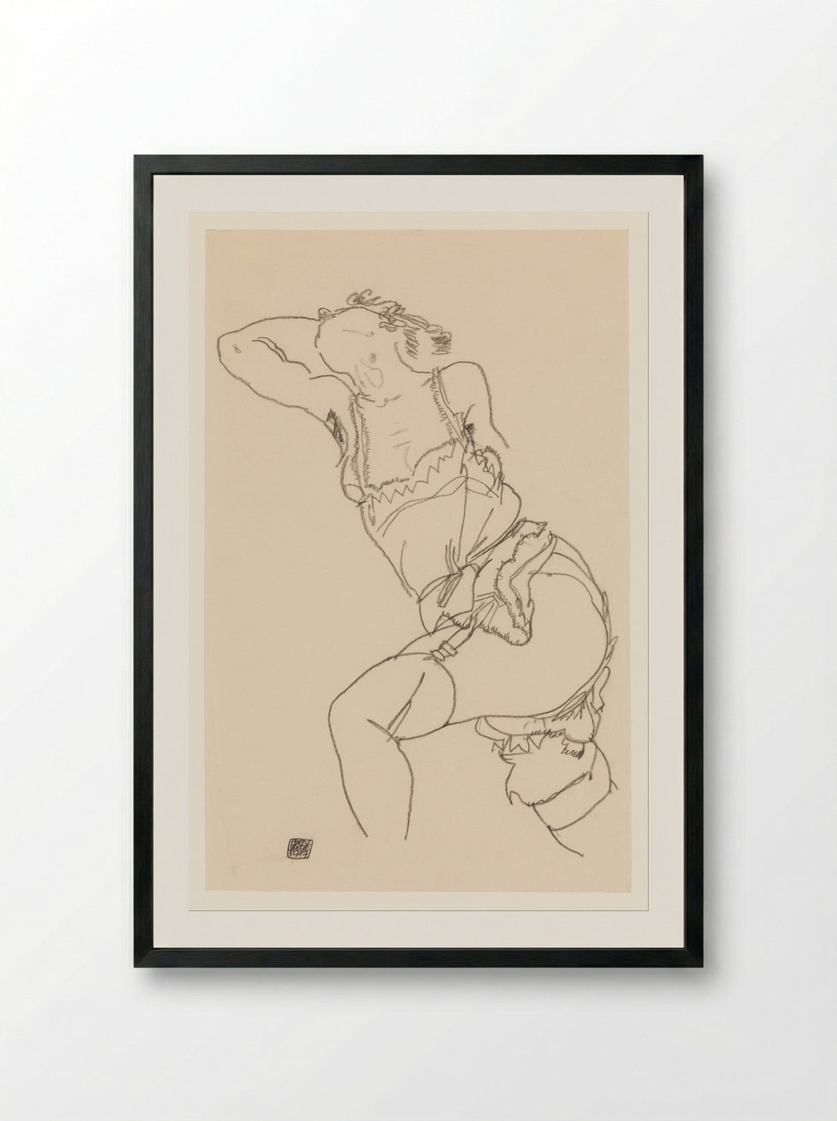 Reclining Model in Chemise and Stockings - Egon Schiele - Framed Print Black