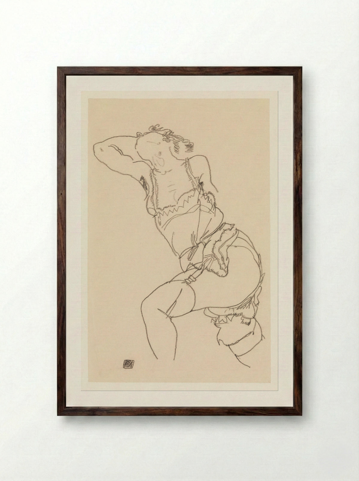 Reclining Model in Chemise and Stockings - Egon Schiele - Framed Print Dark Wood